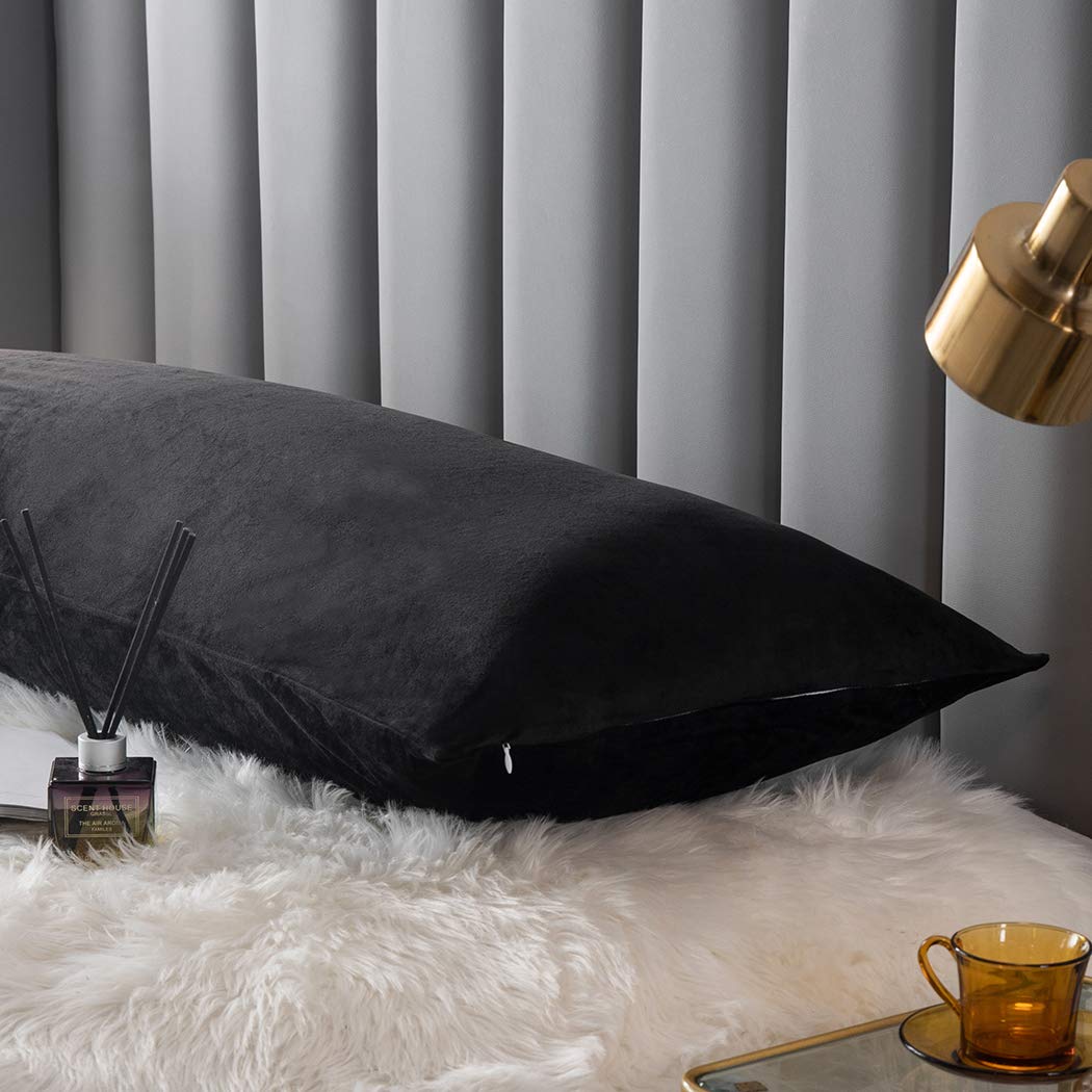 Velvet Body Pillow Cover with Zipper - Soft & Cozy Flannel Pillowcase for 20x48 Inch Body Pillows (Black, 1-Piece) - Perfect for Bedroom, Sofa & Travel Comfort