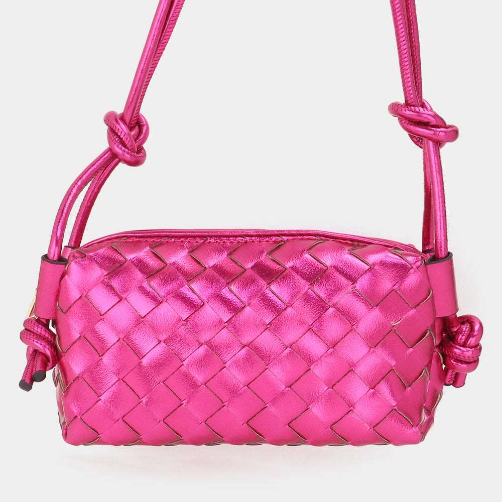 Fuchsia Metallic Faux Leather Woven Crossbody Purse for Women - Trendy Shoulder Bag for Parties, Shopping & Everyday Use