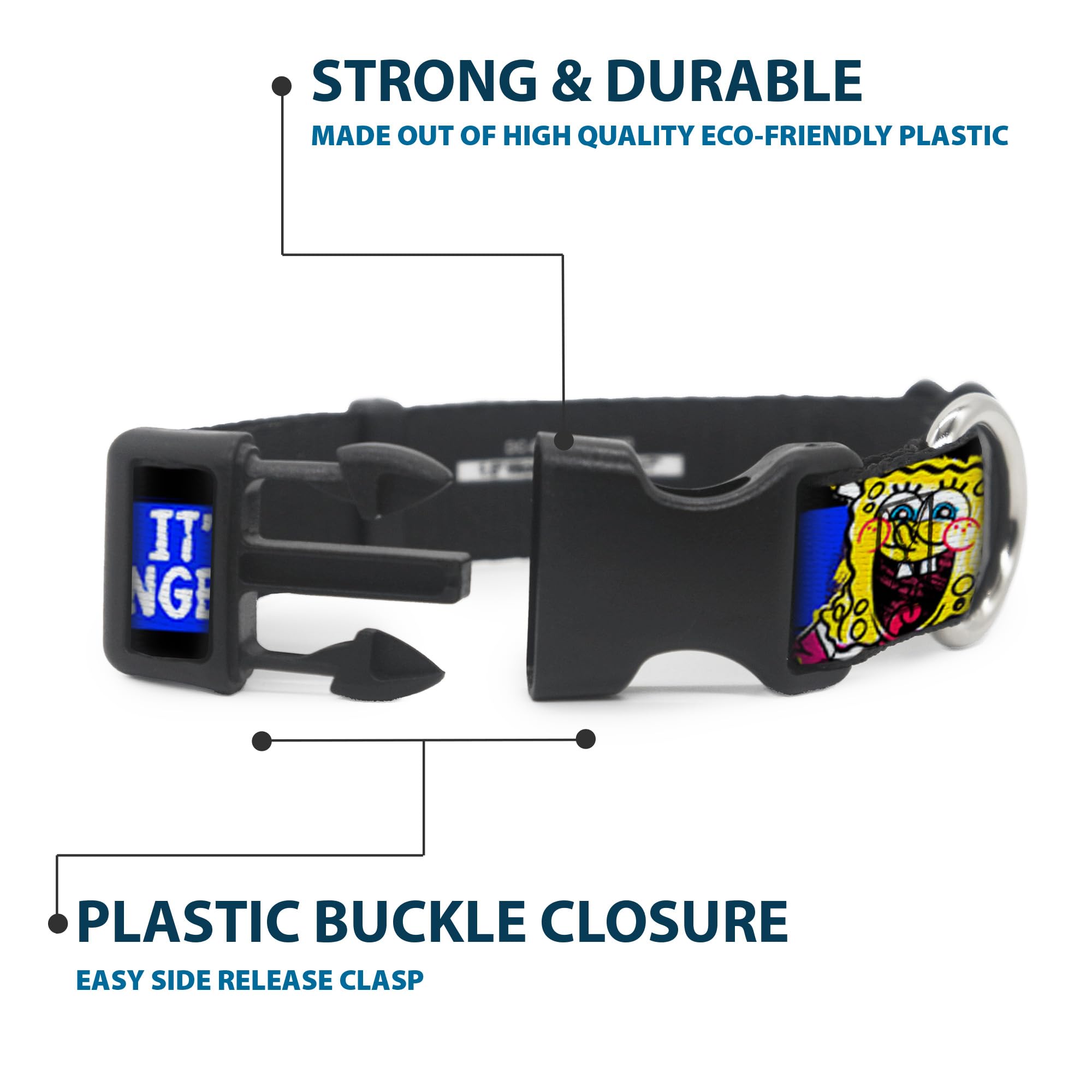 Spongebob Dog Collar with Plastic Clip - Black, Blue & White Striped Design (8-12 Inches, 0.5 Inch Wide) - Perfect for Small Dogs & Spongebob Fans