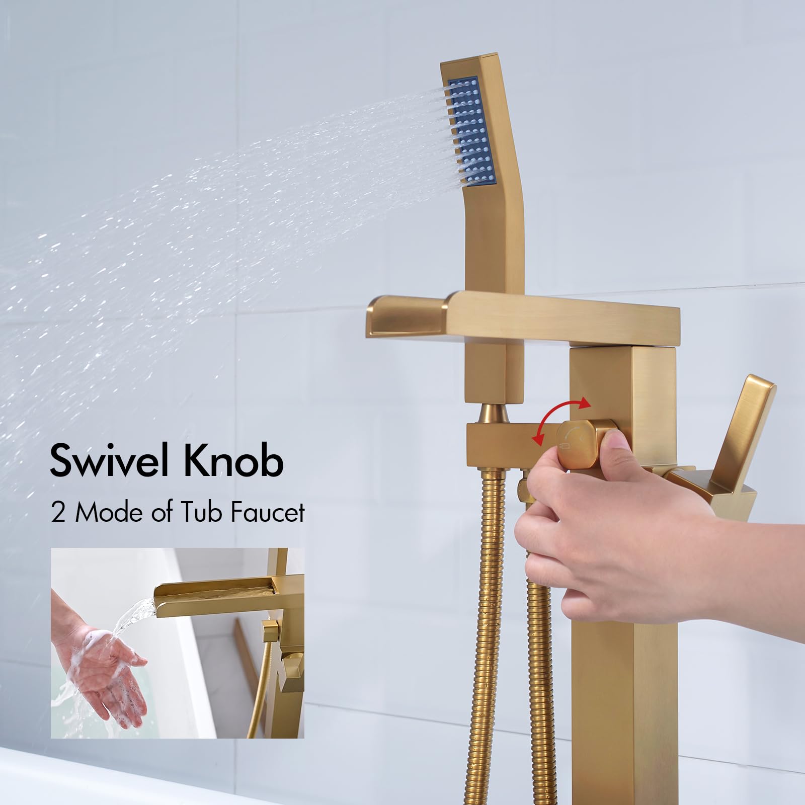 Premium BAGNOLUX Floor Mount Bathtub Faucet - Single Handle Brass Tub Filler with Hand Shower, Waterfall Style (Brushed Brass) - Perfect for Modern Bathroom & Spa Retreats
