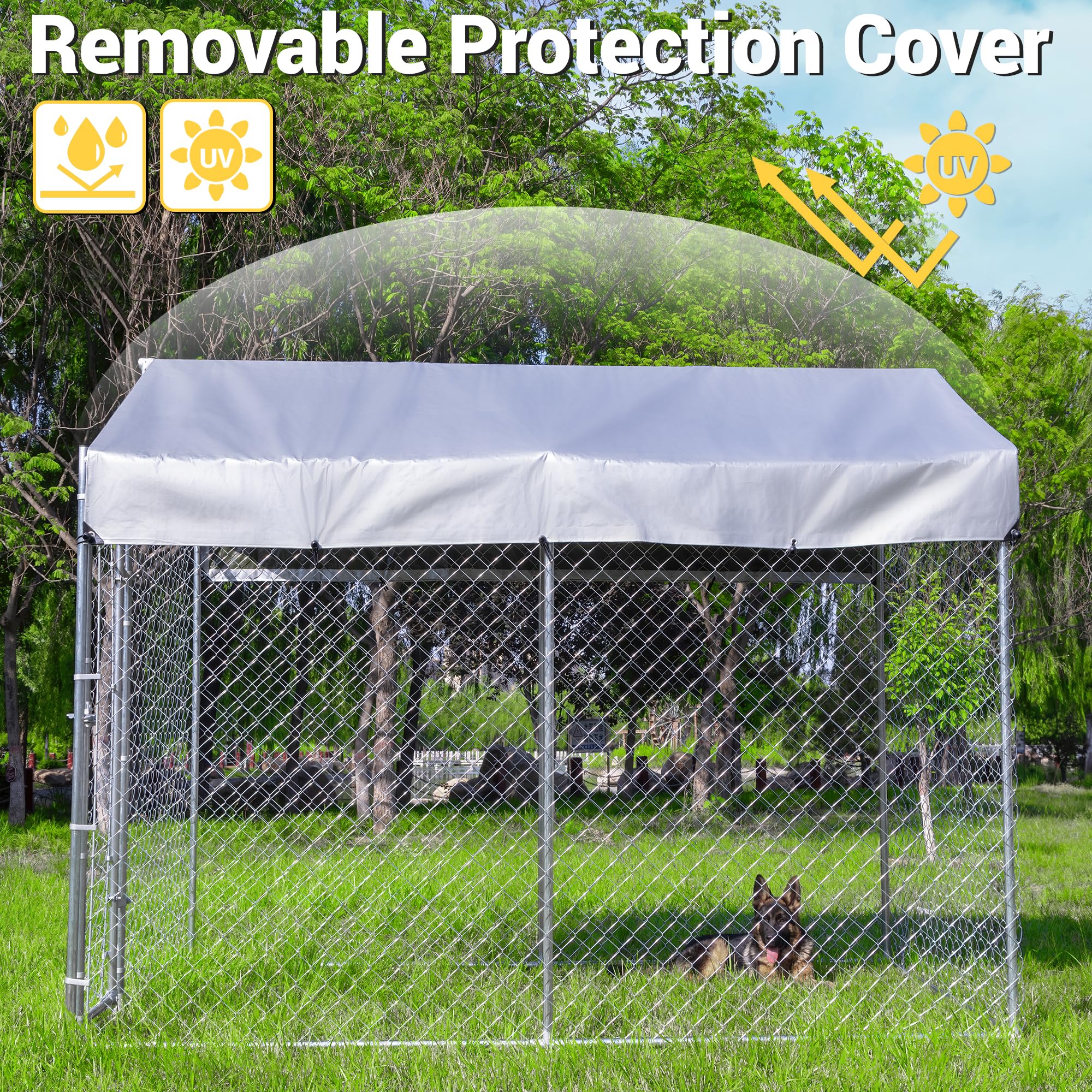 Extra Large Outdoor Dog Kennel - Heavy Duty Galvanized Steel Rust-Proof Dog Crate with Roof, Waterproof UV-Resistant Cover & Secure Lock - Perfect for Backyard, Kennel Runs, and Pet Safety