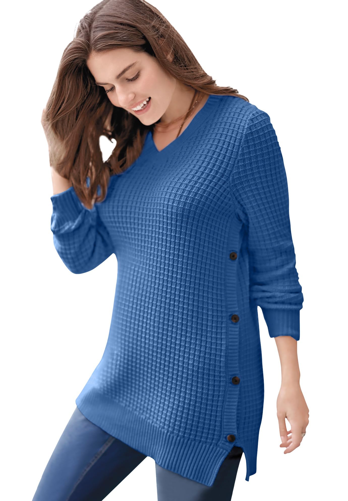 Plus Size V-Neck Waffle Knit Sweater for Women with Side Buttons - Cozy Casual Wear for Fall & Winter, Office & Weekend Outfits