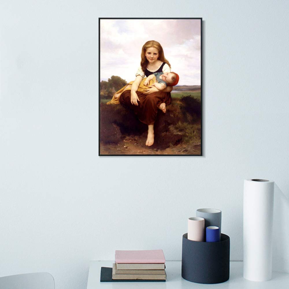 INVIN ART Framed Canvas Giclee Print - The Elder Sister by William Adolphe Bouguereau - Premium Wall Art for Living Room, Bedroom & Home Office Decor (Black Slim Frame, 20x24 Inches) - Perfect for Classic Interior Design & Art Lovers