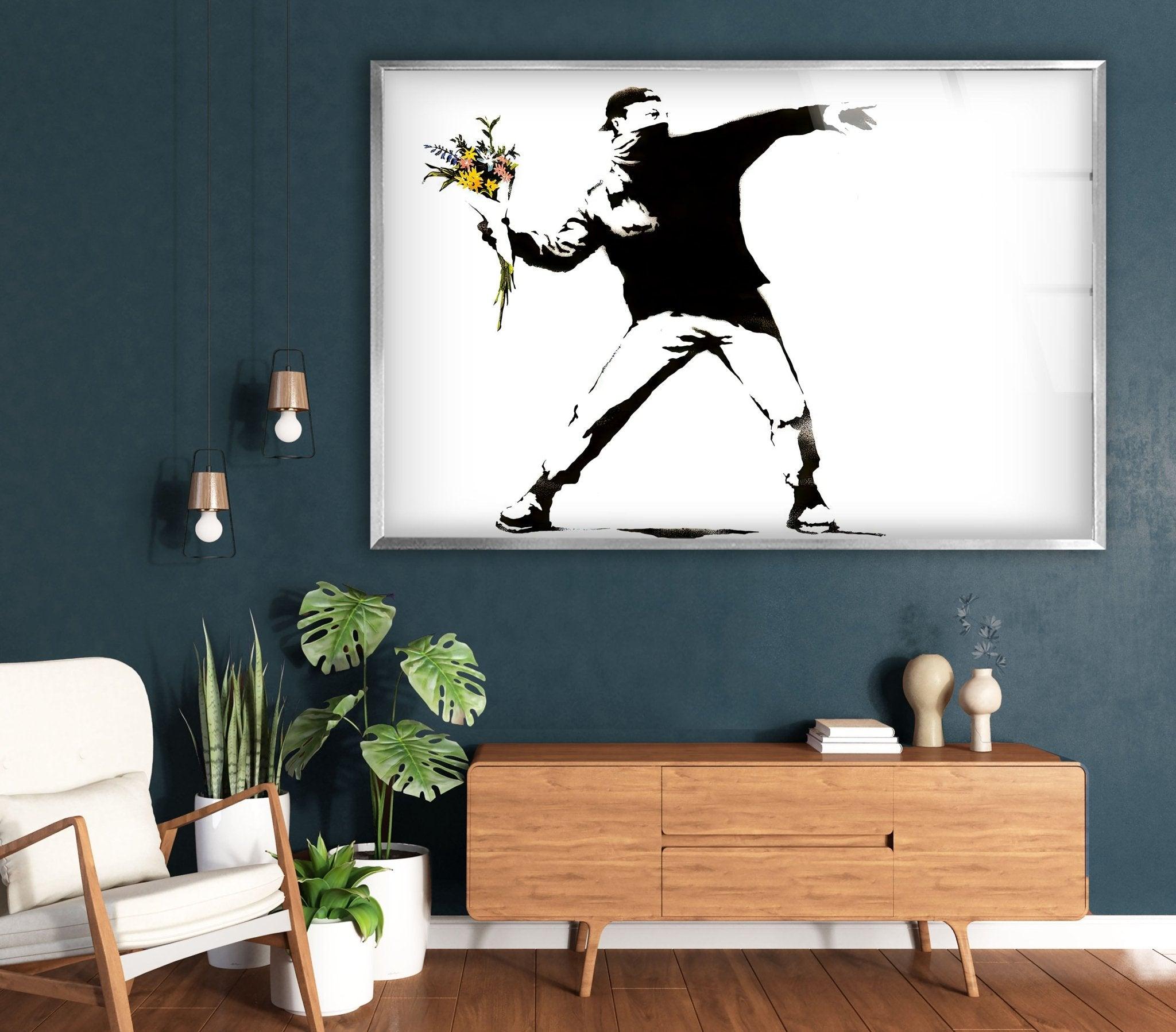 Banksy Flower Thrower Glass Wall Art - Stunning Framed Home Decor for Living Room, Bedroom & Office - Unique Gift Idea for Art Lovers