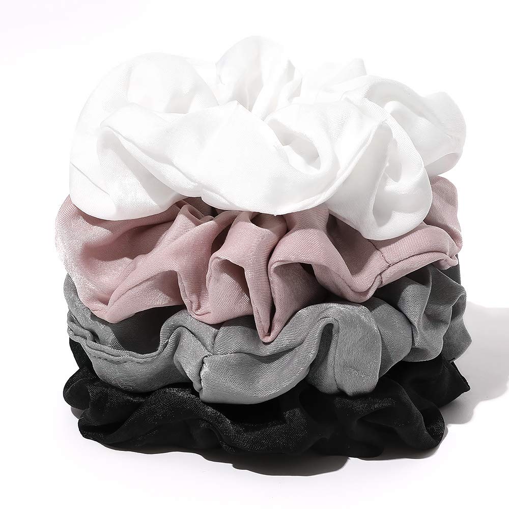 Silk Satin Scrunchies for Women - Soft No Crease Hair Ties, Gentle Ponytail Holders with Elastic Band (White, Black, Gray, Pink) - Perfect for VSCO Girls, Everyday Wear, Workouts & Fashion Accessories