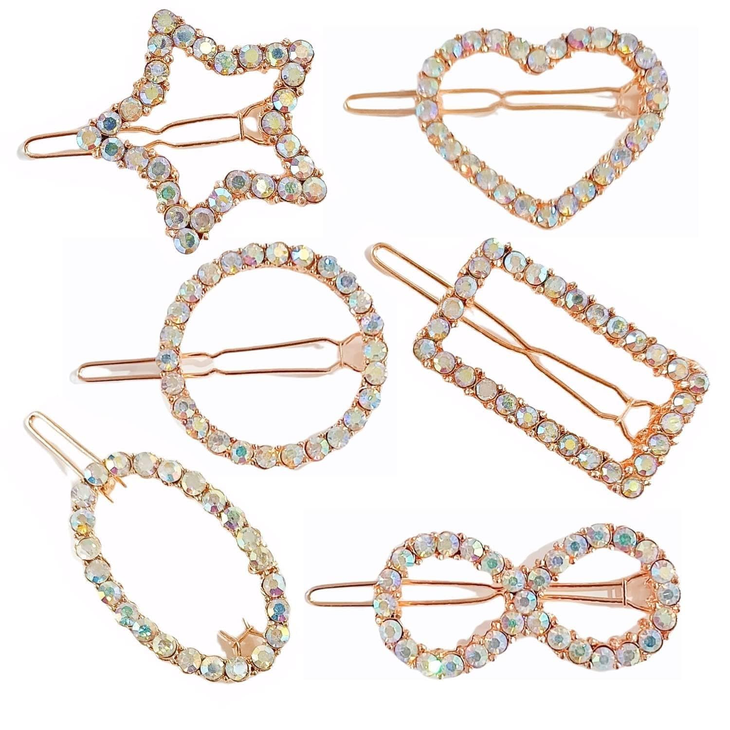 2Pcs Elegant Golden Rhinestone Hair Clips for Women - Geometric Hollow Hairpins with Heart, Moon & Star Designs - Perfect for Weddings, Parties & Daily Styling Accessories