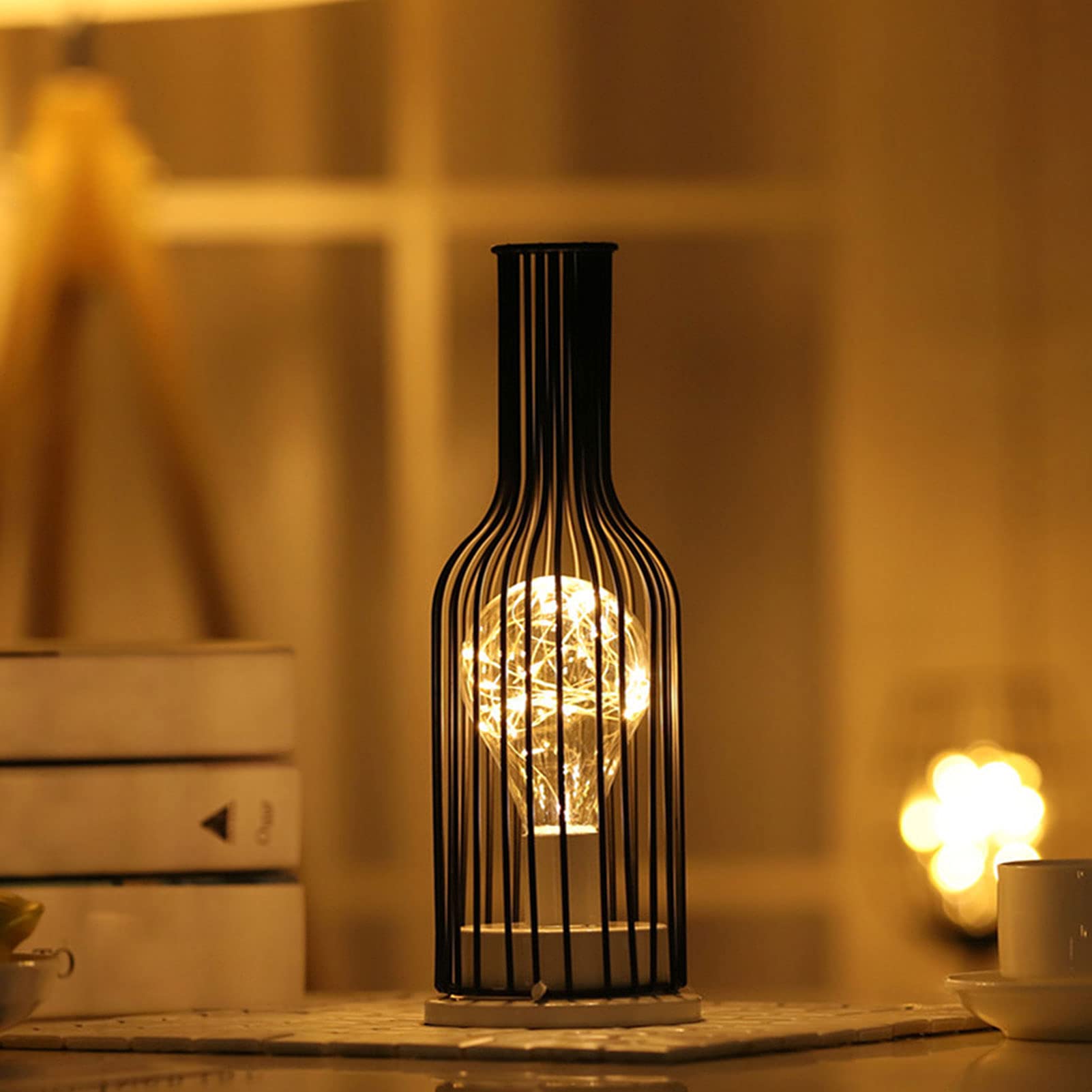 Vintage Wrought Iron LED Table Lamp - Rustic Industrial Battery Powered Night Light for Farmhouse, Bedroom, Office & Cafe Decor | Perfect for Living Room, Bedside, Nightstand & Hotel Ambiance