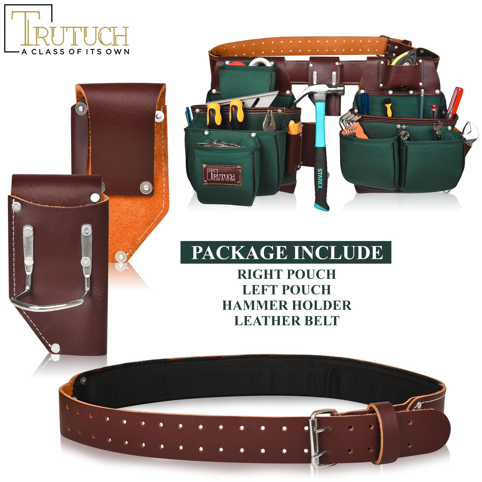 Durable Nylon & Leather Tool Belt for Carpenters, Construction Workers, Electricians - Heavy Duty Framing Tool Bag with Multiple Pockets (Green) - Perfect for Job Sites, DIY Projects & Home Renovations