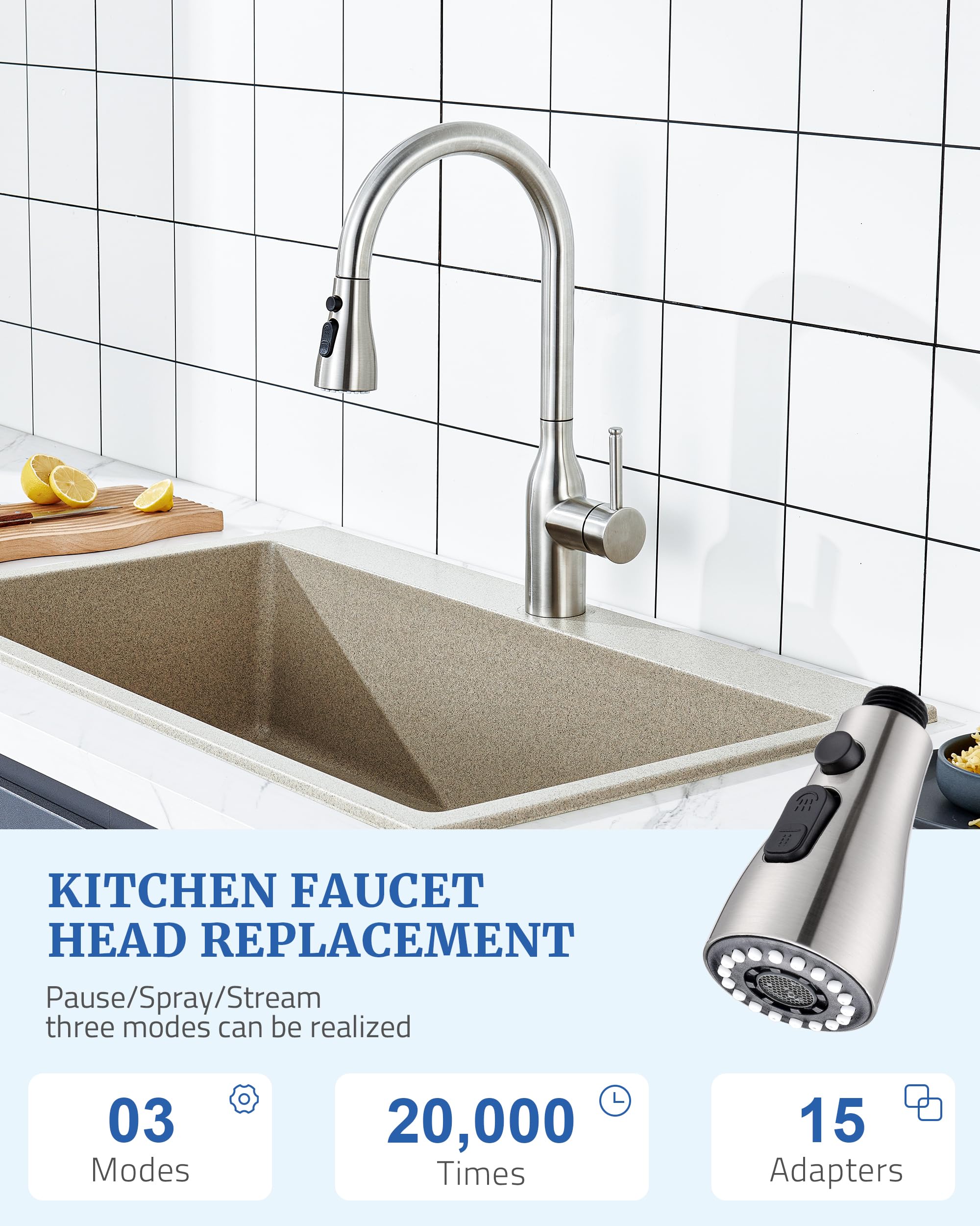 15 Adapters Kitchen Faucet Spray Head - 3 Functions Pull Down Sprayer for Sink, Brushed Nickel (Ideal for Home & Restaurant Kitchens)
