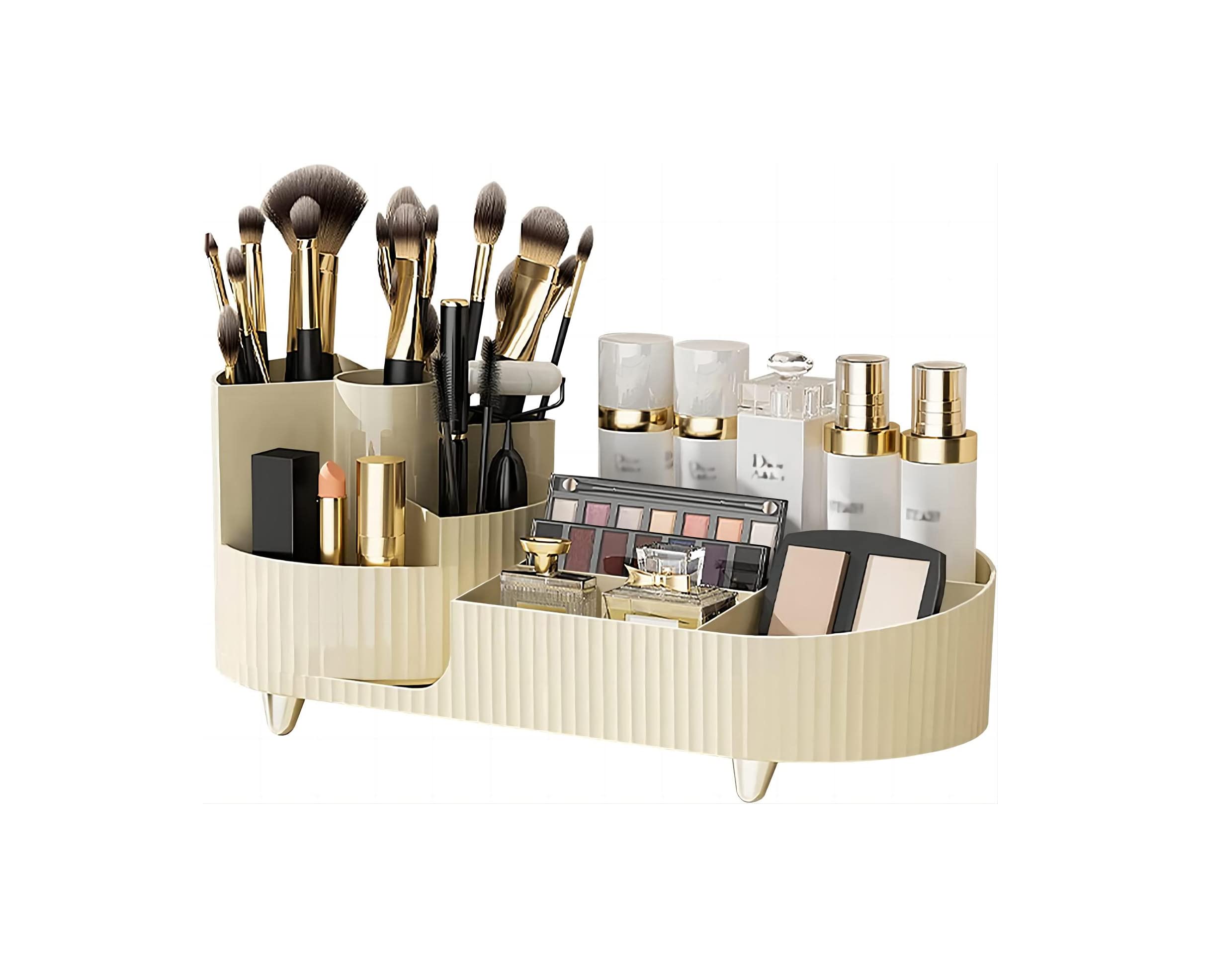 Rotating Makeup Organizer for Vanity - Cosmetic & Skincare Storage - Perfect for Brushes & Lipsticks (Creamy) - Ideal for Beauty Routines