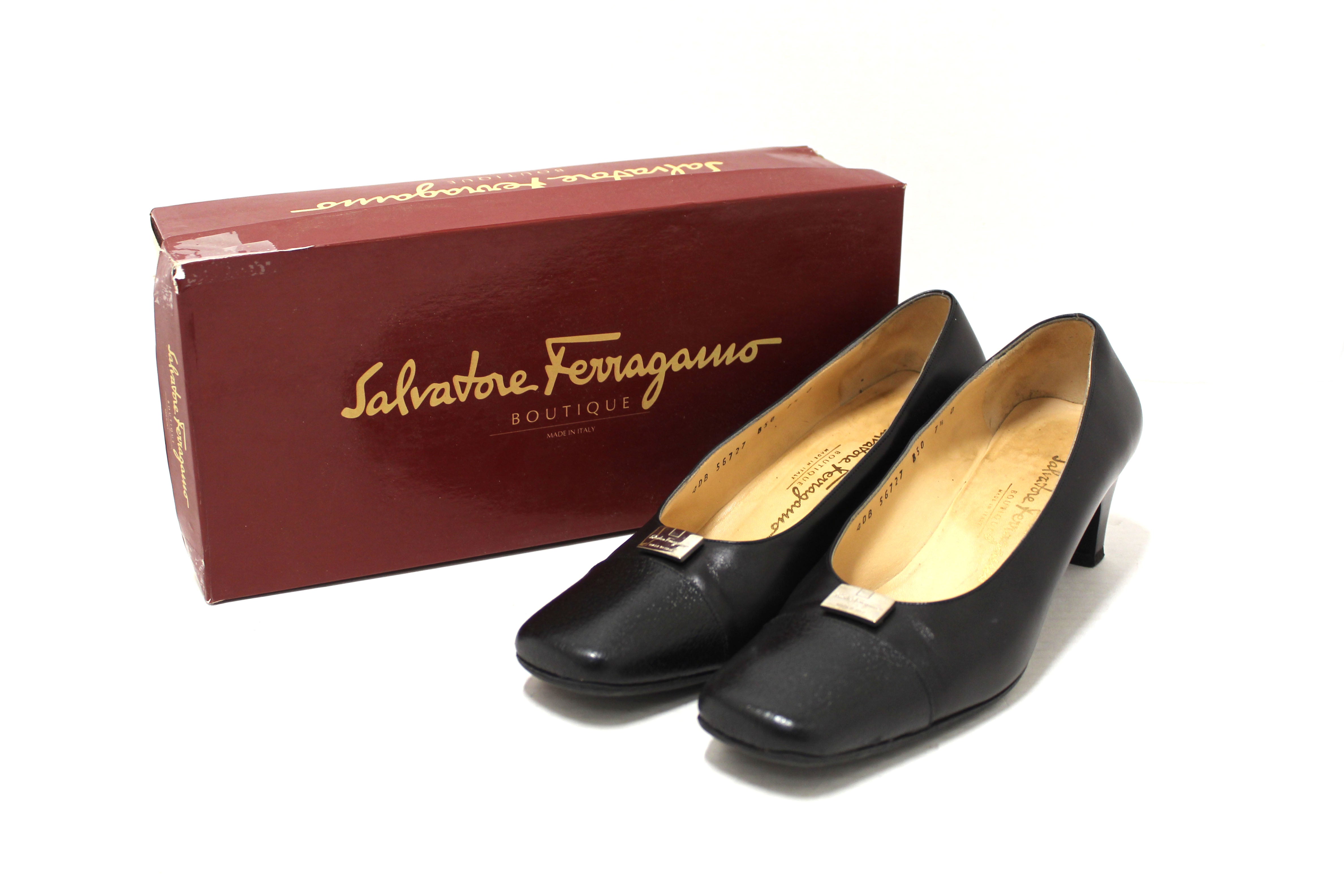 Authentic Salvatore Ferragamo Black Leather Ramila 5cm Heel Pumps Women's Shoes Size 7.5D - Perfect for Office, Parties & Formal Events
