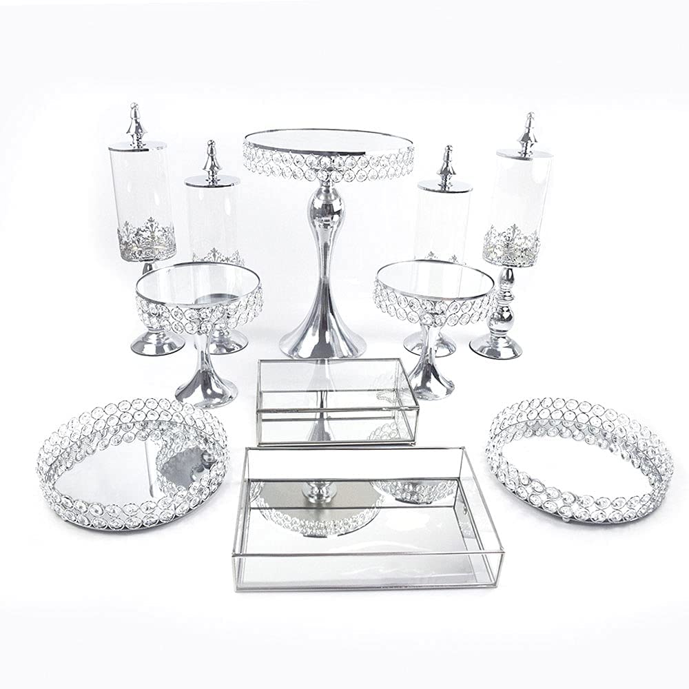 11-Piece Silver Crystal Wedding Cake Stand Set - Elegant Crystal Plated Dessert Display Tower for Wedding, Birthday, Party | Perfect for Cakes, Cupcakes, Cheese & Dessert Presentation