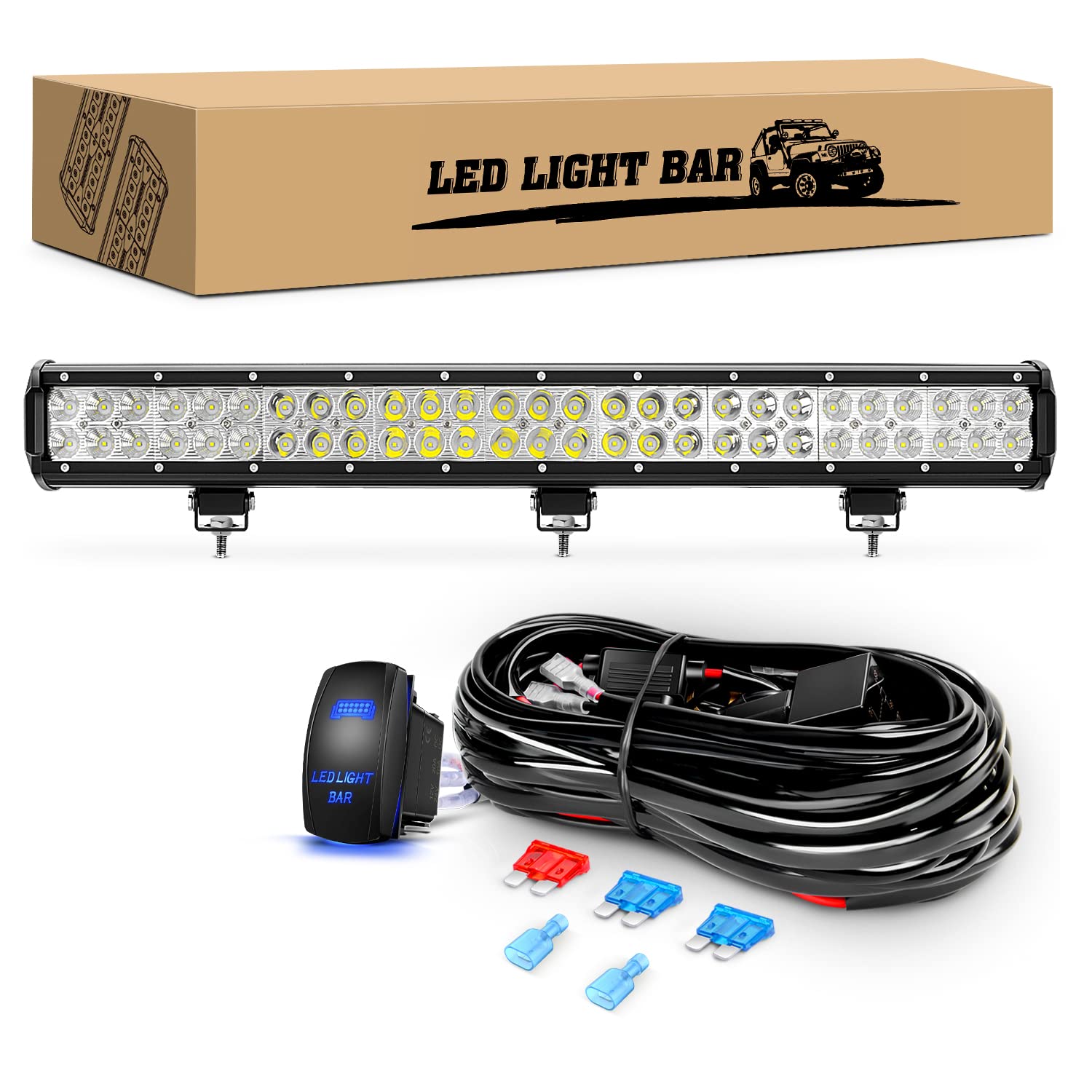 GOOACC 25 Inch 162W LED Light Bar Spot Flood Combo Off-Road Driving Lights with 12V 5-Pin Rocker Switch & Wiring Harness Kit - Waterproof for Truck, ATV, UTV, Golf Cart, Boat - 2 Year Warranty | Perfect for Night Off-Roading, Camping, Hunting & Emergency Lighting