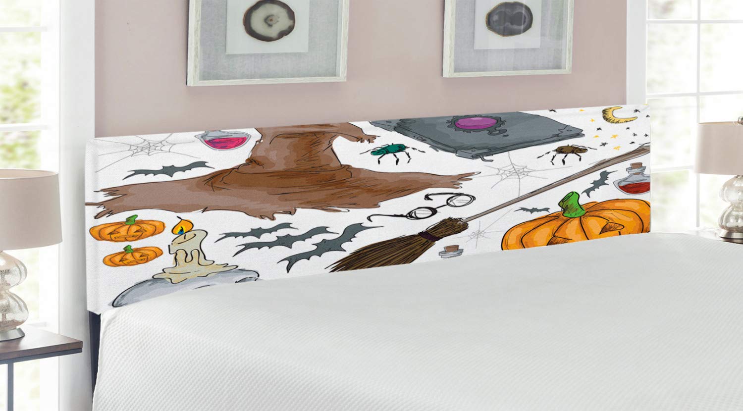 Ambesonne Halloween Headboard - Witchcraft & Magic Spells Doodle Design with Skull Illustration, Upholstered Metal Bed Frame with Memory Foam (King Size, Multicolor) - Perfect for Spooky Bedroom Decor & Gothic Home Styling