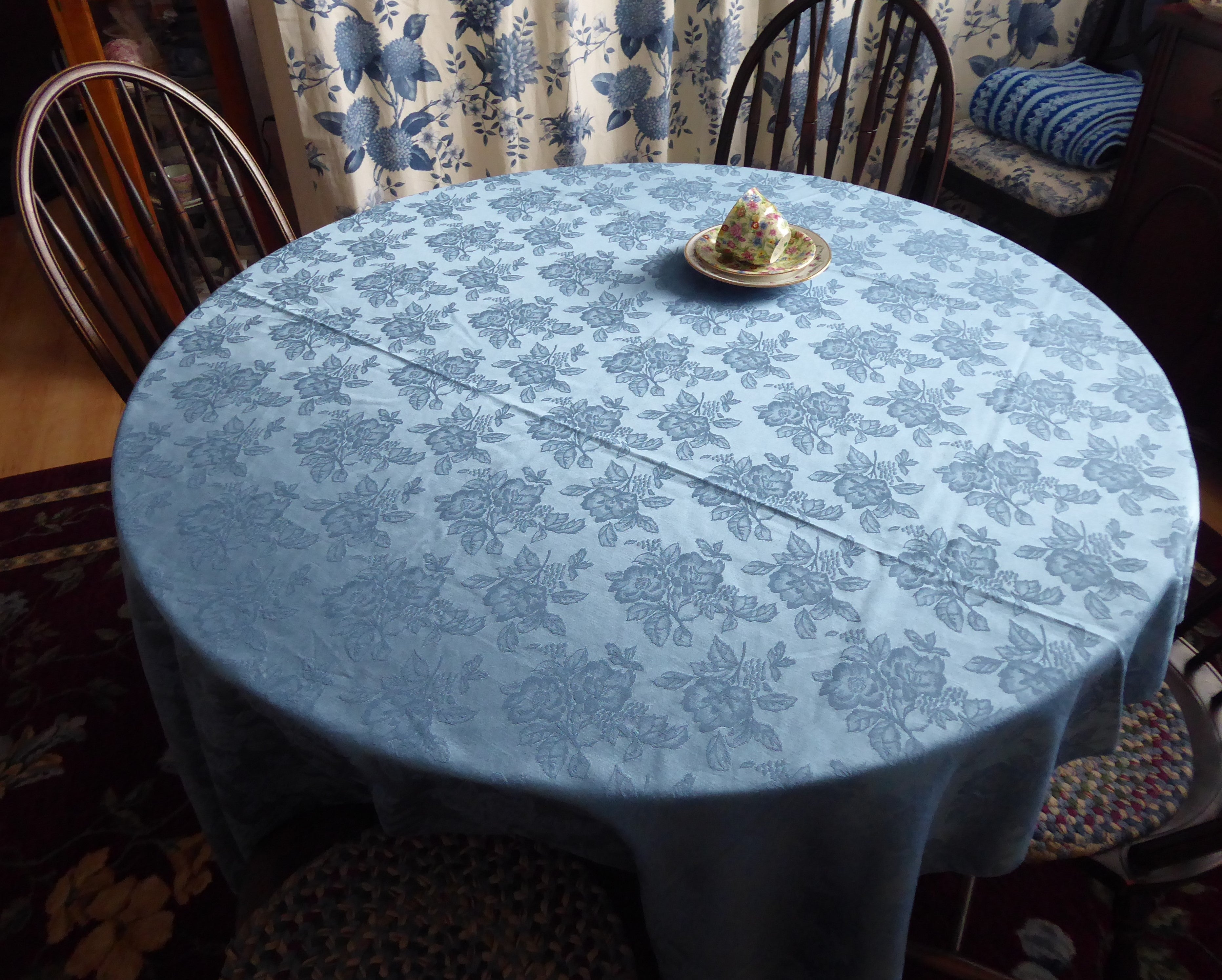 Blue Floral Damask Tablecloth 70x52 Inches - Silky Smooth Dining Table Cover for Elegant Dinner Parties, Tea Parties & Special Occasions
