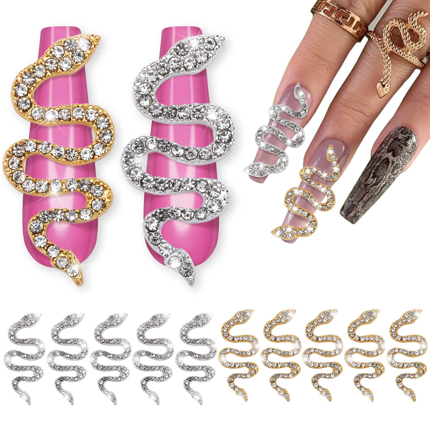 Noverlife 10PCS Snake-Shape Nail Art Charms with Rhinestones - Gold & Silver Snake Wave Nail Studs, Retro Nail Jewelry for DIY Nail Art & Crafts - Perfect for Halloween, Costume Parties & Nail Salon Decorations