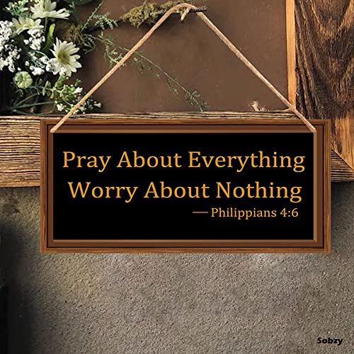 Pray About Everything Worry About Nothing Wooden Wall Sign - Farmhouse Style Bible Verse Home Decor - Christian Inspirational Sign for Living Room, Bedroom, Office - 5.9x11.8 Inch Rustic Wood Plaque