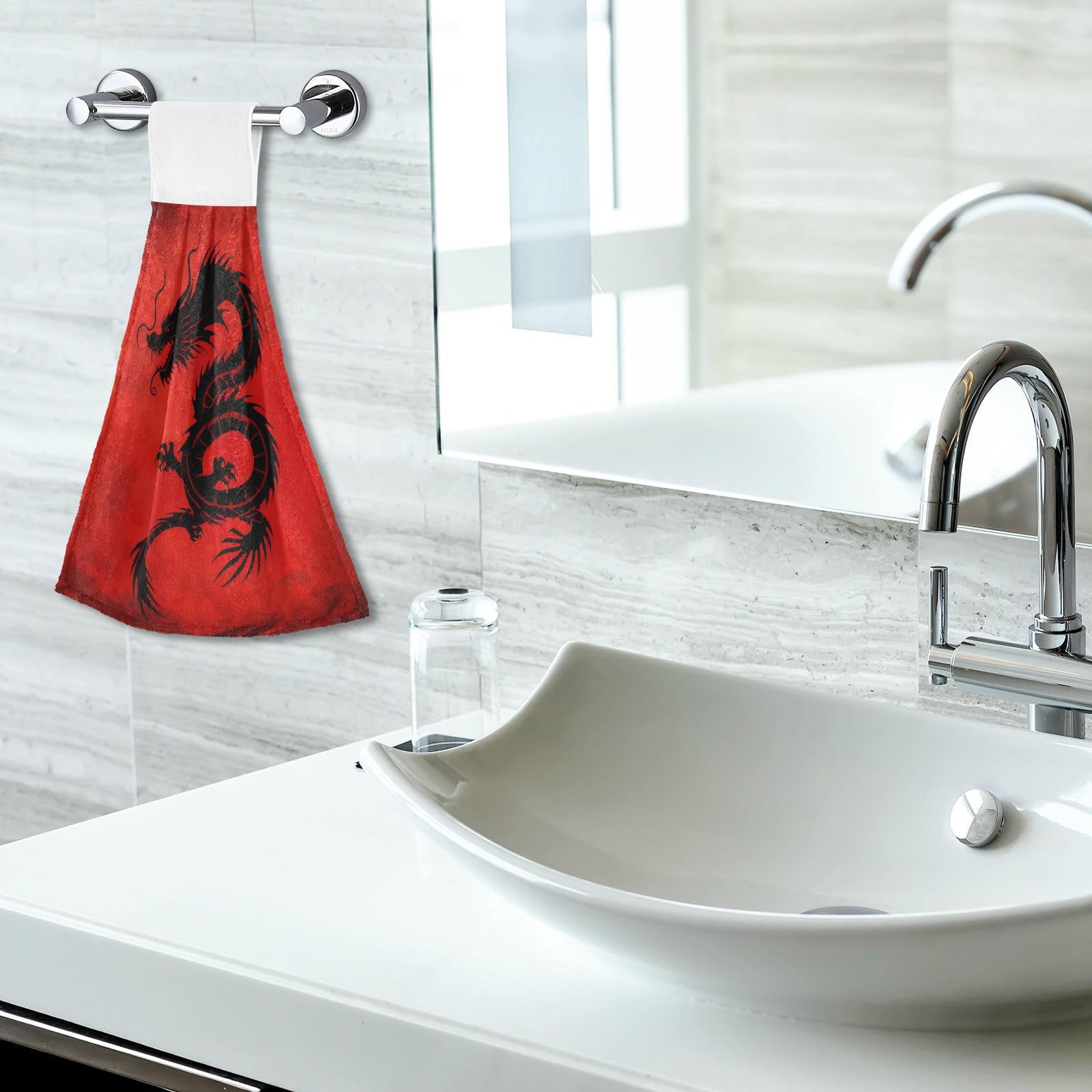 Premium China Dragon Kitchen Towels Set of 2 - 12x17 Inch Soft Absorbent Hand Towels & Dishcloths with Hanging Loop for Bathroom & Kitchen Decor | Perfect for Holiday Gifts, Housewarming & Asian-Themed Home Décor