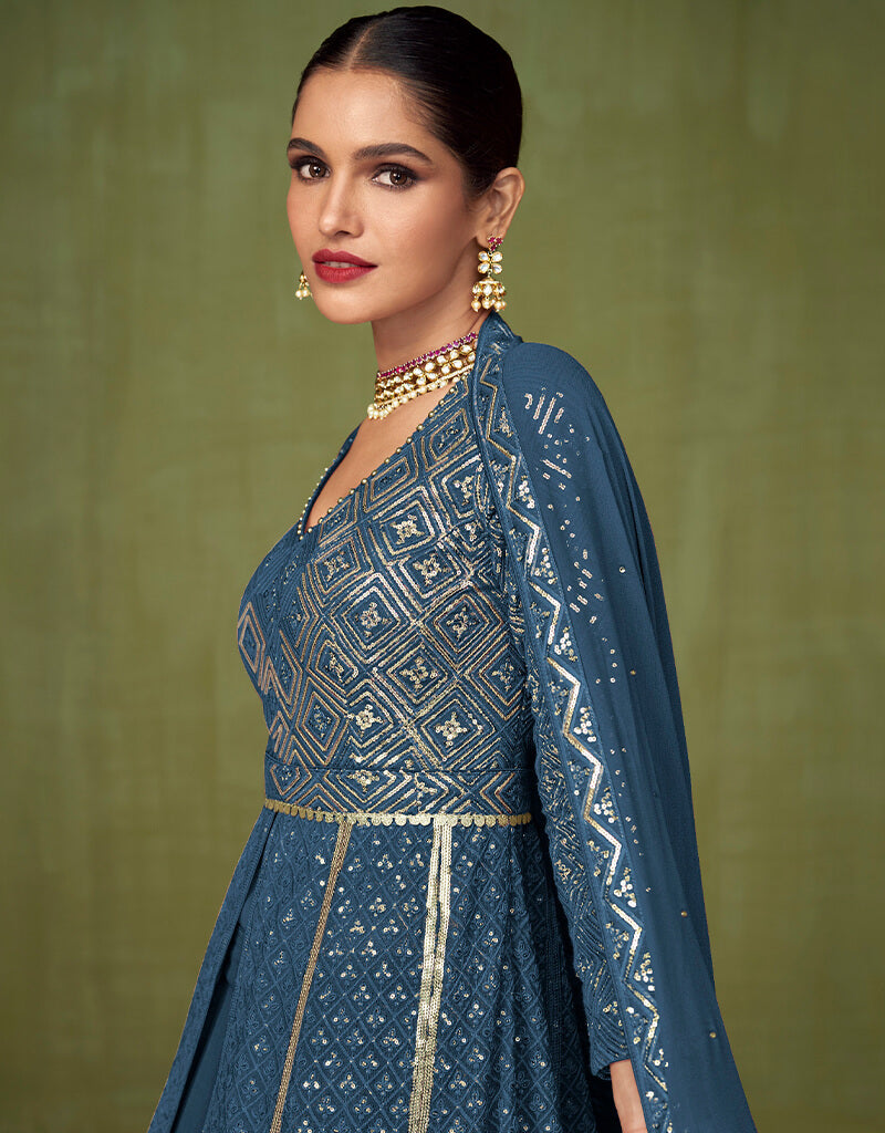 Elegant Blue Faux Georgette Anarkali Salwar Suit for Women - Indian Ethnic Wear for Weddings, Parties & Festive Occasions