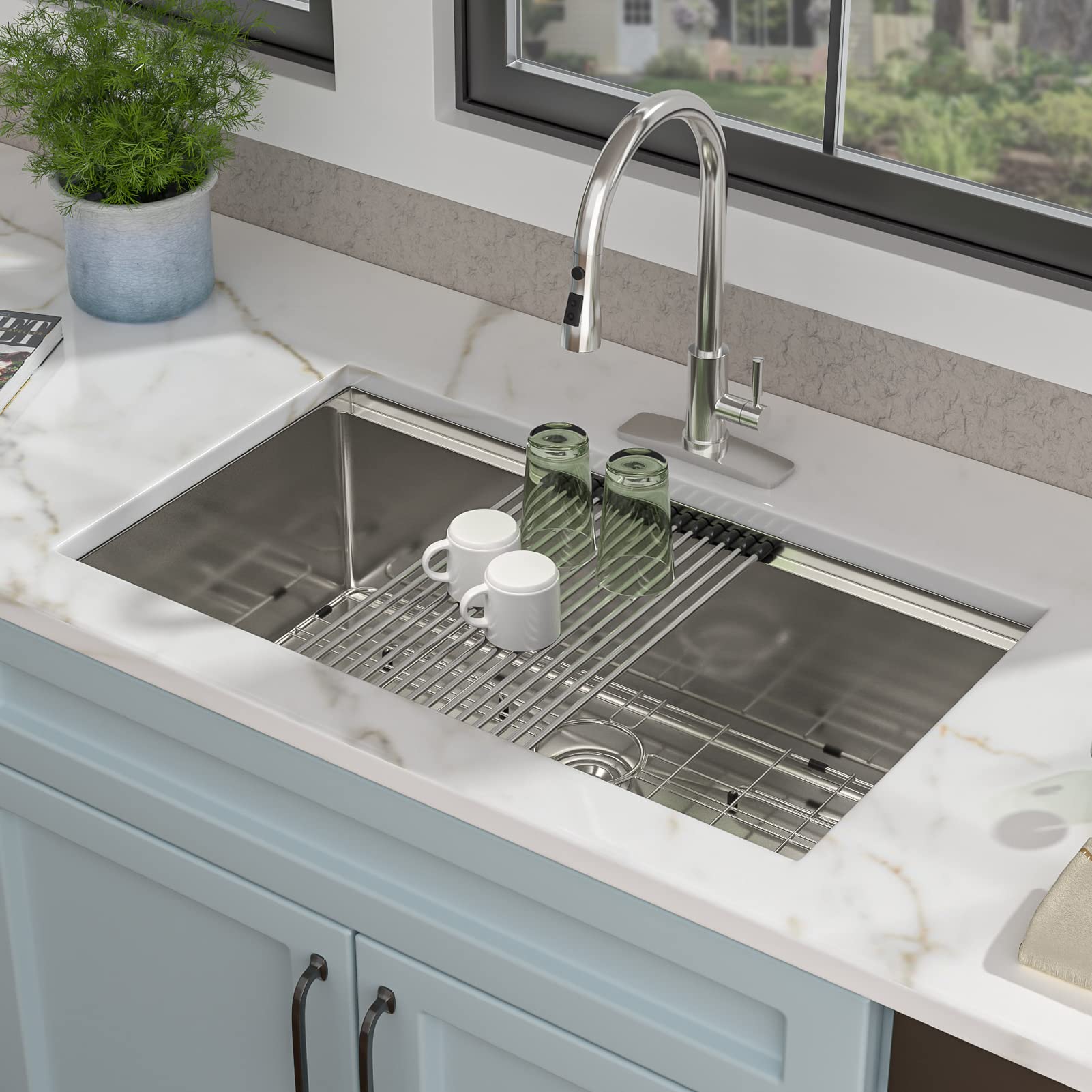 Fulorni 32 Inch Undermount Kitchen Sink - 16 Gauge Stainless Steel Single Bowl Basin with Ledge Workstation (32