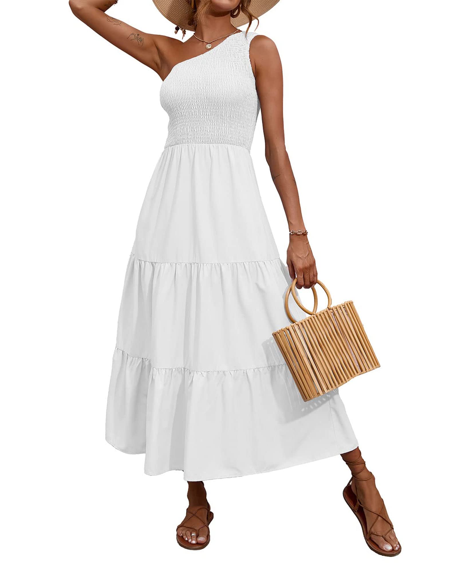 BTFBM Women's 2025 Summer One Shoulder Floral Maxi Dress - Boho Beach Sleeveless High Waist Smocked Flowy Casual Dress for Vacations, Parties & Outdoor Events