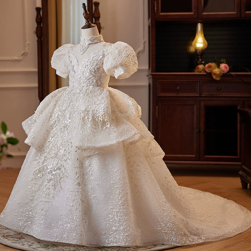 Elegant Princess V-Neck Floor-Length Lace Flower Girl Dress in White - Perfect for Weddings, Baptisms & Special Occasions