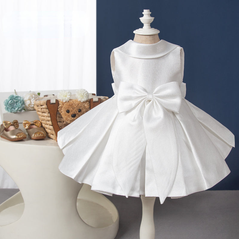 Elegant White Sleeveless Backless Pleated Bow Baby Dress - Toddler Girls' First Communion Dress for Christening, Baptism & Special Occasions