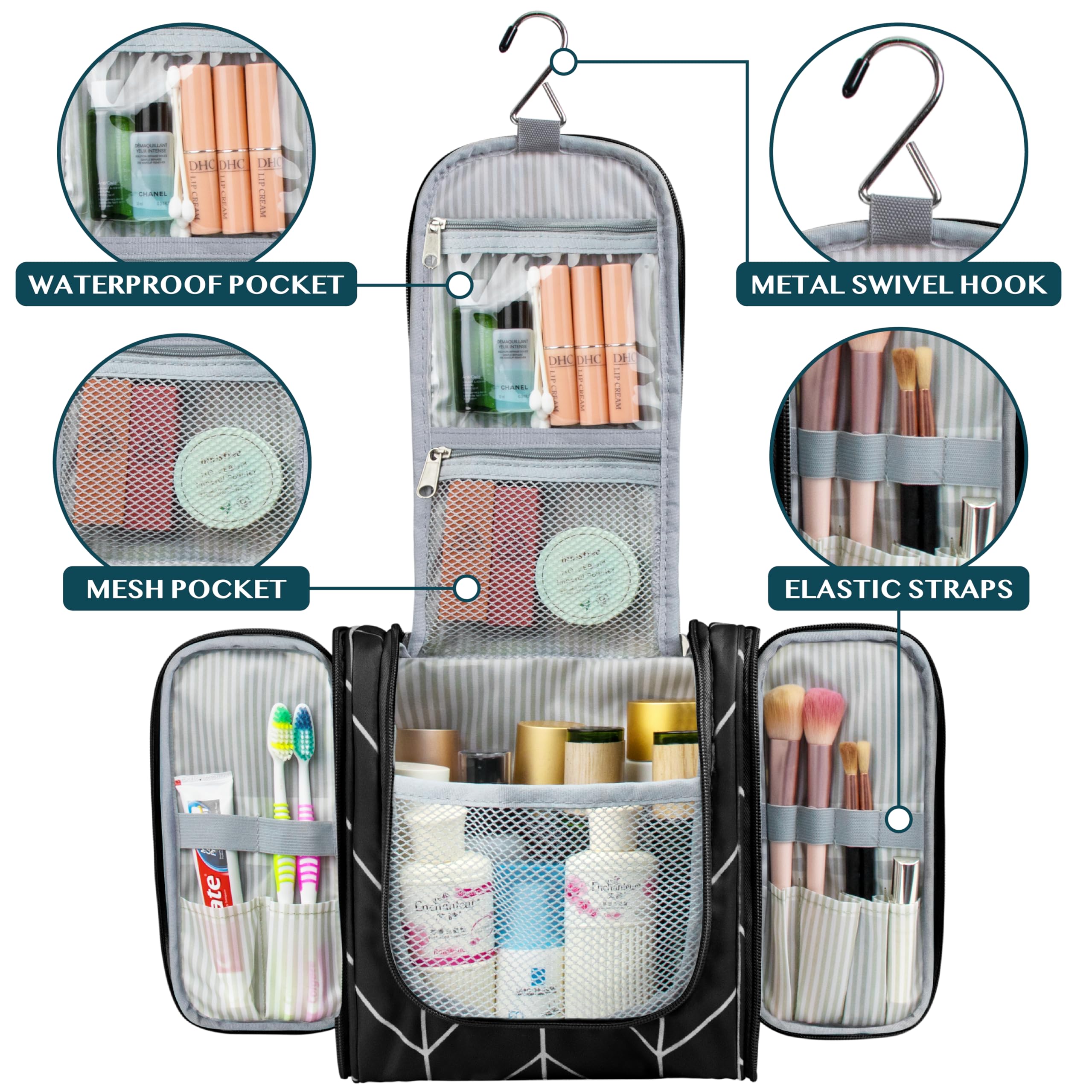 PAVILIA Hanging Toiletry Bag for Women & Men - Water Resistant Travel Cosmetic Organizer with Large Capacity - Perfect for Makeup, Toiletries & Travel Essentials (Black Chevron) | Ideal for Vacation, Business Trips & Camping