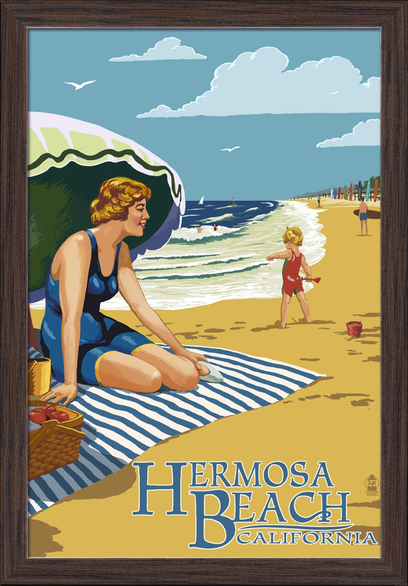 16x24 Hermosa Beach California Fine Art Print - Recycled Wood Frame in Espresso Brown - Coastal Home Decor, Beach House Wall Art, Living Room & Office Decor