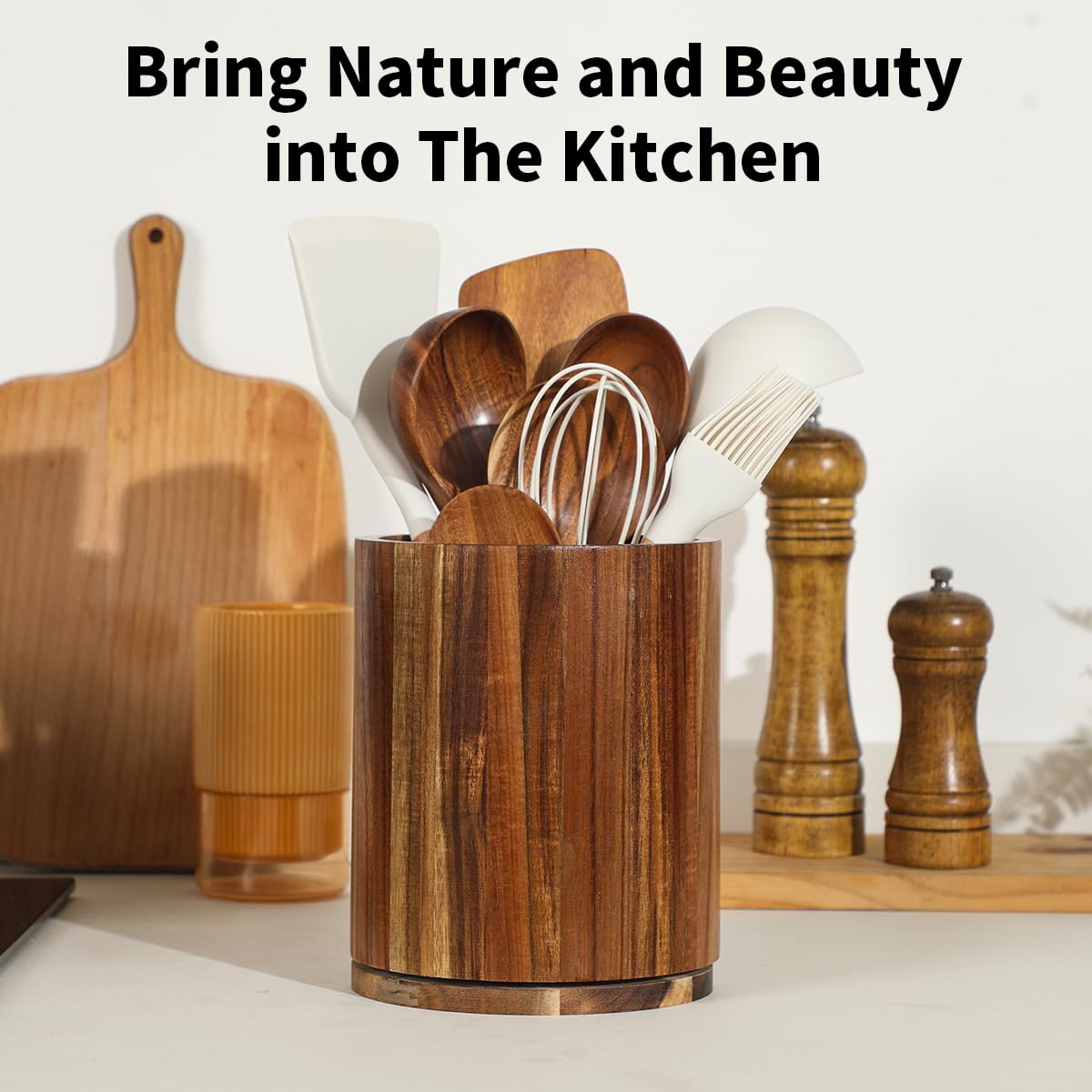 360° Rotating Acacia Wood Utensil Holder - 7.3