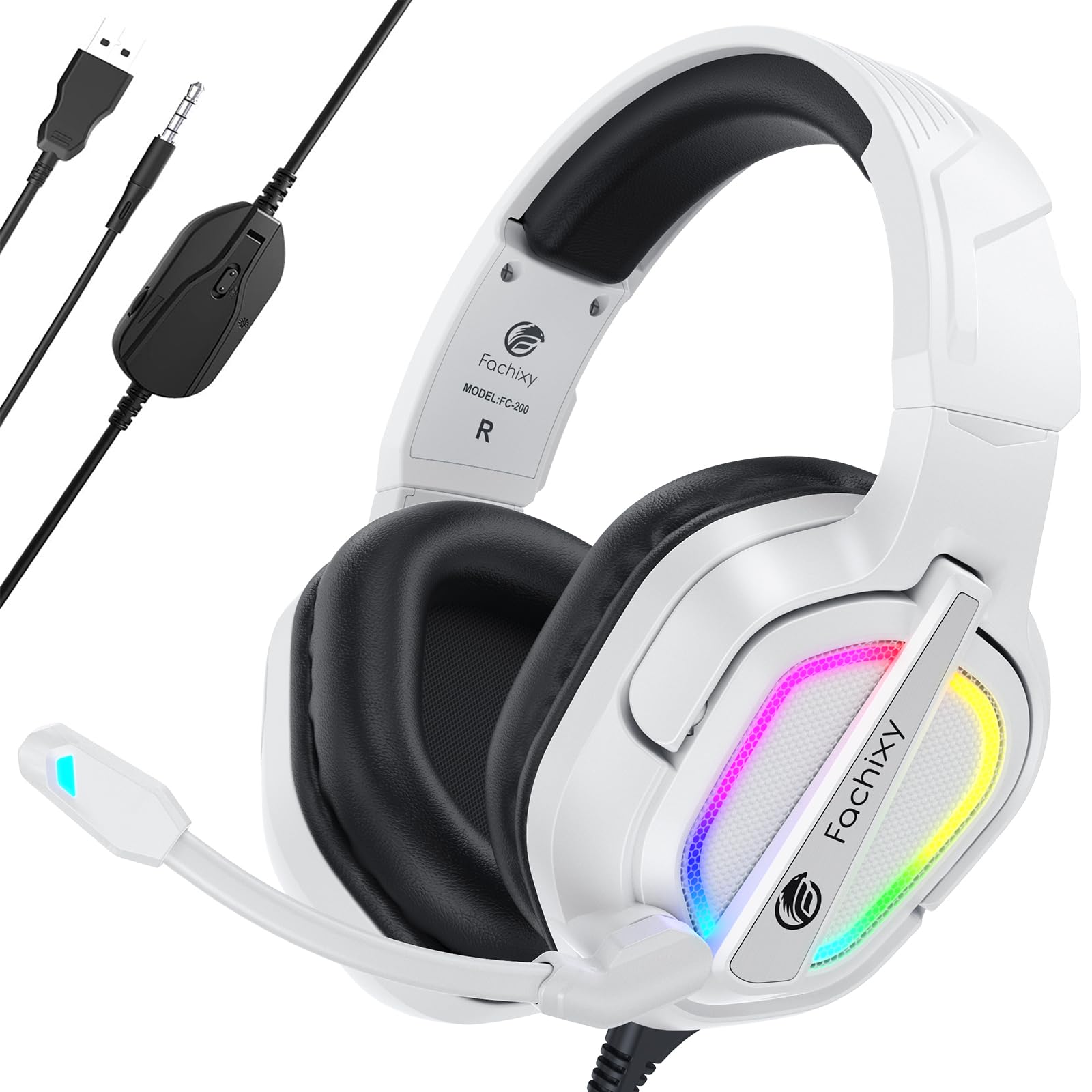 FC200 Gaming Headset with Noise Canceling Mic - Compatible with PS4, PS5, Xbox One, Switch, PC & Mac - 3.5mm Wired RGB Headphones for Streaming, Esports & Online Gaming