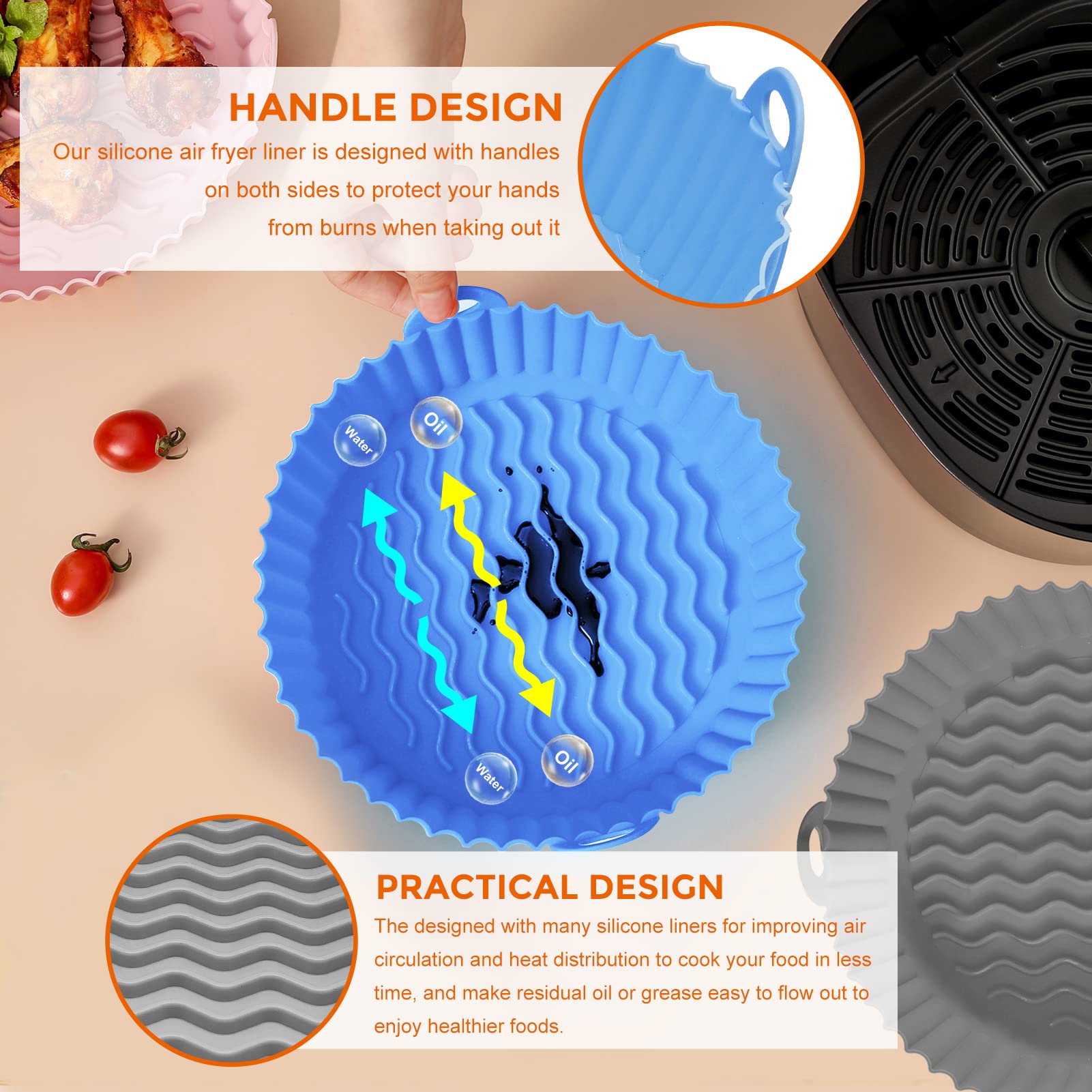 2-Pack Reusable Silicone Air Fryer Liners (8.5 Inch) - Non-Stick Basket Accessories for Ninja, COSORI, Instant Pot, Gourmia & More - Perfect for Baking, Roasting & Reheating in Air Fryers & Microwaves