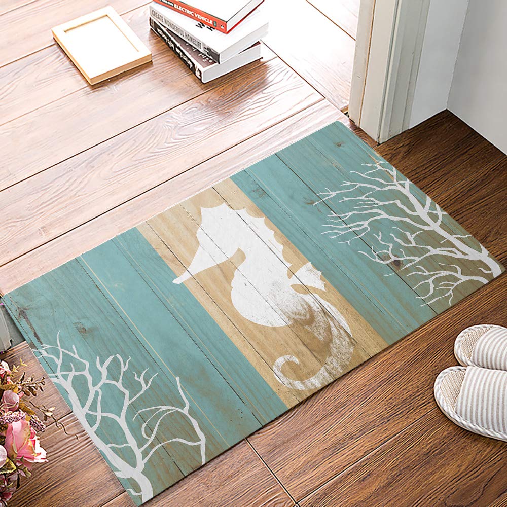 Non-Slip Indoor Outdoor Welcome Doormat - 20x31.5 Inch Blue Seahorse Silhouette on Wood Board, Waterproof Entrance Rug for Kitchen Bathroom Front Door - Perfect for Home, Office, and Patio Use