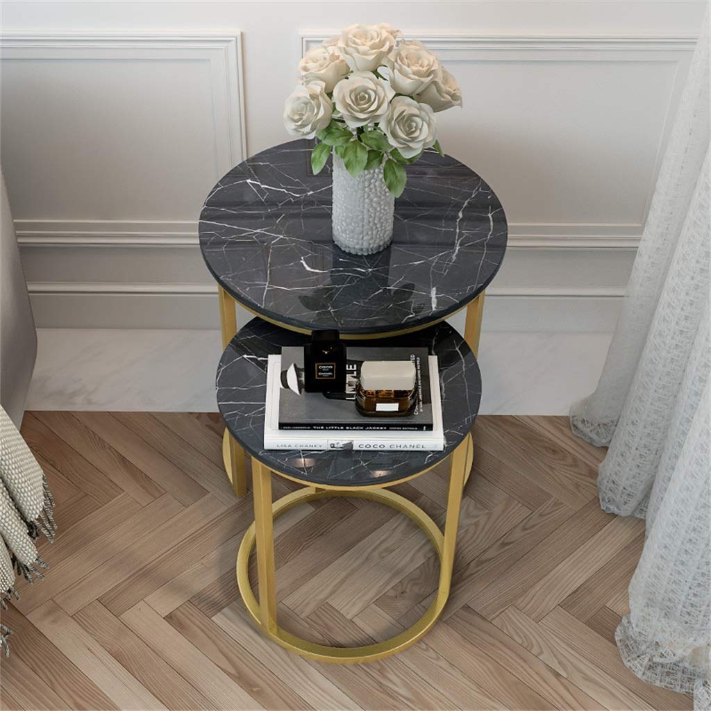 2-Piece Round Nesting Coffee Table Set with Black Marble Top & Gold Metal Base - Stackable Side/End Tables for Living Room, Perfect for Small Spaces, Home Decor & Entertaining Guests