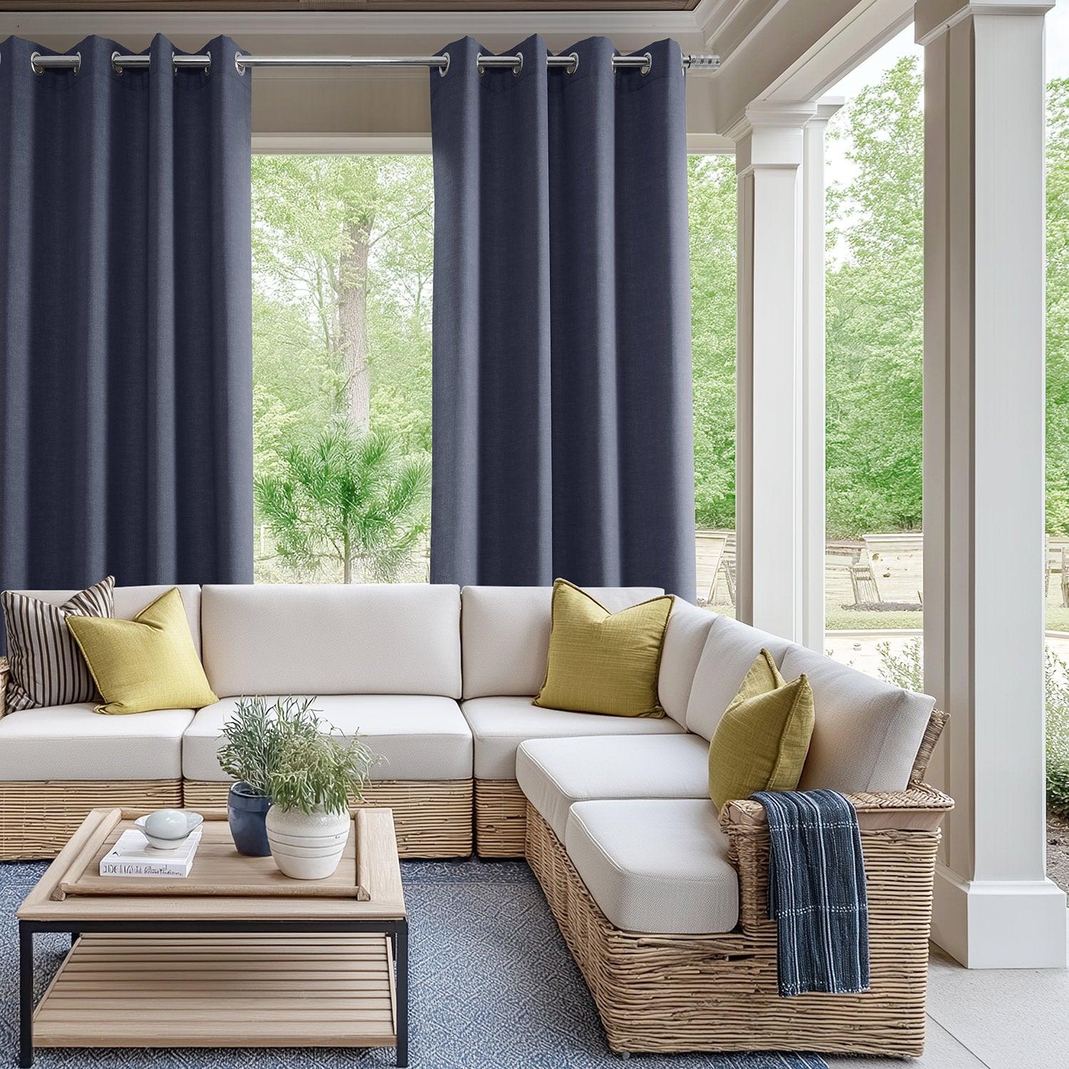 Ocean Navy Blue Grommet Villanova Outdoor Curtains - Waterproof Sunblock Patio Drapes for Porch, Deck, and Poolside - UV Resistant Outdoor Window Curtain Panels for Backyard & Garden Privacy