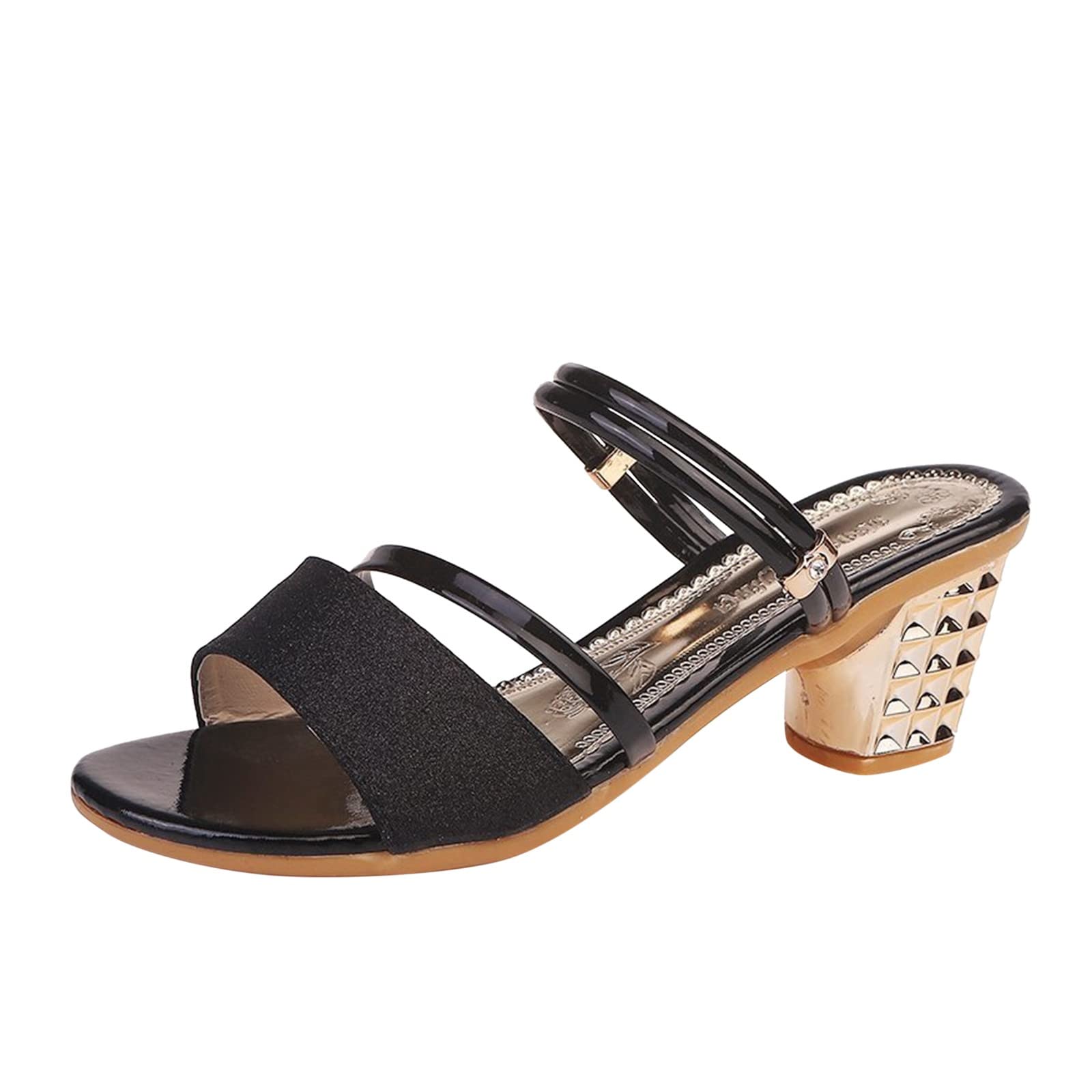 Women's Summer Fashion Sandals with Shiny Rhinestone Strap - Chunky Middle Heel Open Toe Sandals for Beach, Party & Casual Wear