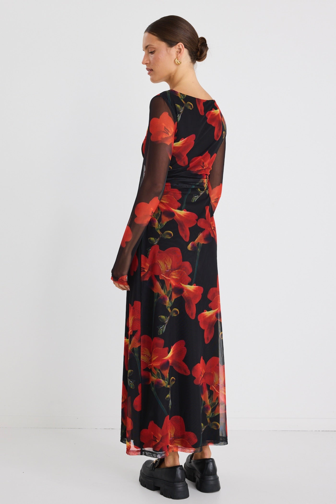 Elegant Red Floral Mesh Long Sleeve Wide Neck Midi Dress for Women - Perfect for Weddings, Parties & Special Occasions