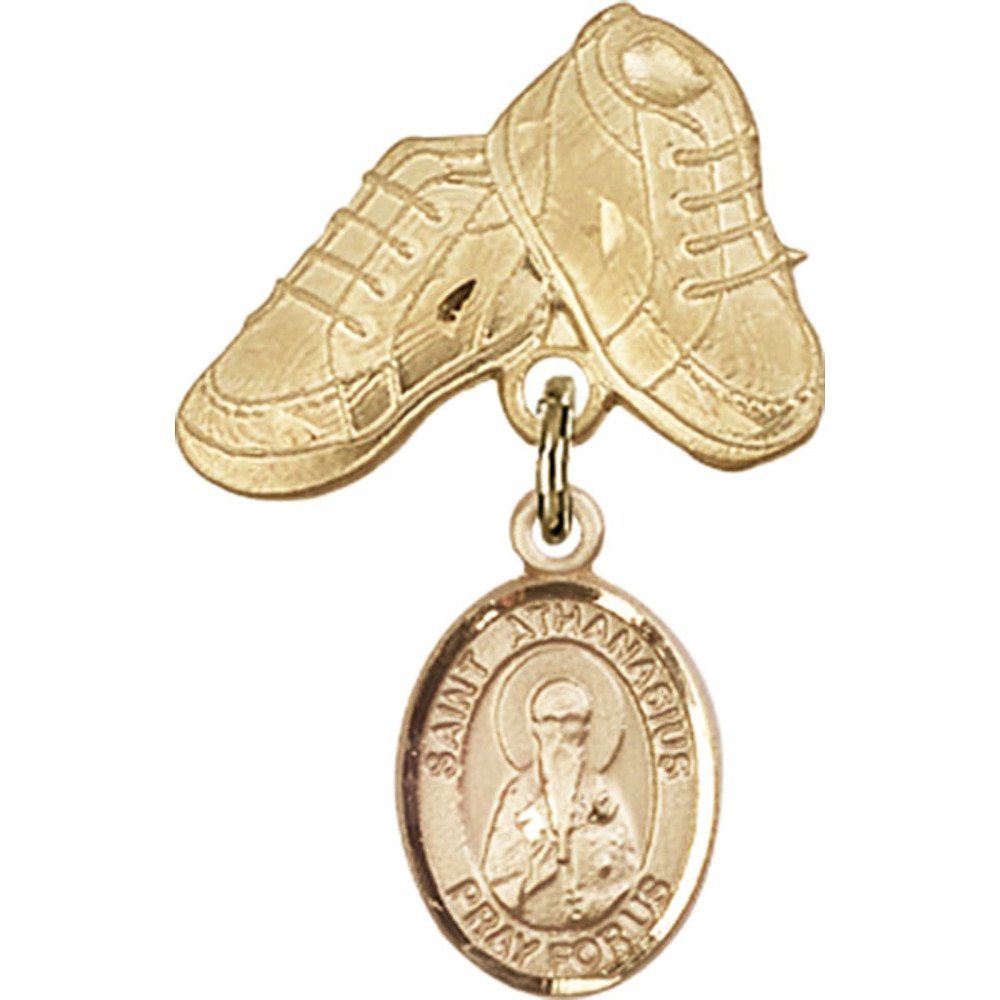 St. Athanasius Gold Filled Baby Badge with Baby Boots Charm - 1 X 5/8 Inch Religious Keepsake for Christening, Baptism & Newborn Gifts