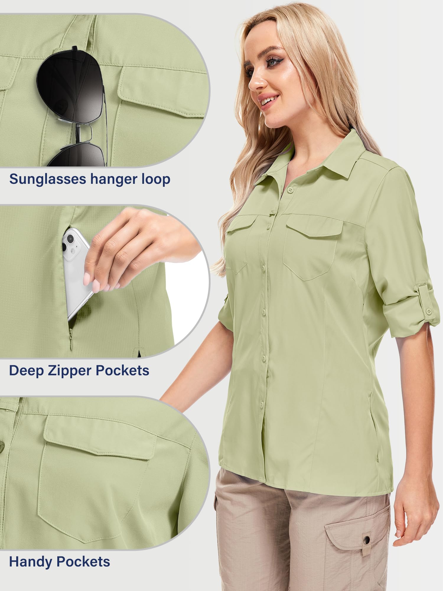 UPF50+ Sun Protection Fishing Shirts for Women & Men - Long Sleeve Travel Work Shirts with Zipper Pockets - Perfect for Safari, Hiking, and Outdoor Adventures