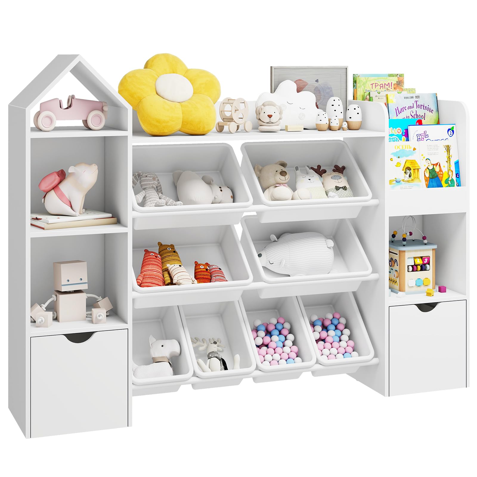 Vabches 8-Bin Kids Toy Organizer with Wheels - 4-Tier Toy Storage Shelf with Removable Bins & 4 Cubbies - White Nursery Organizer for Playroom, Bedroom & Daycare - Easy-Move Toy Storage Solution for Toddlers & Preschoolers