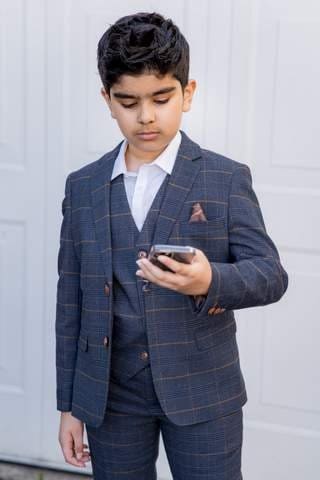 Marc Darcy Boys' Jenson Marine Navy Check 3-Piece Suit | Formal Kids Suit for Weddings, Parties & Special Occasions
