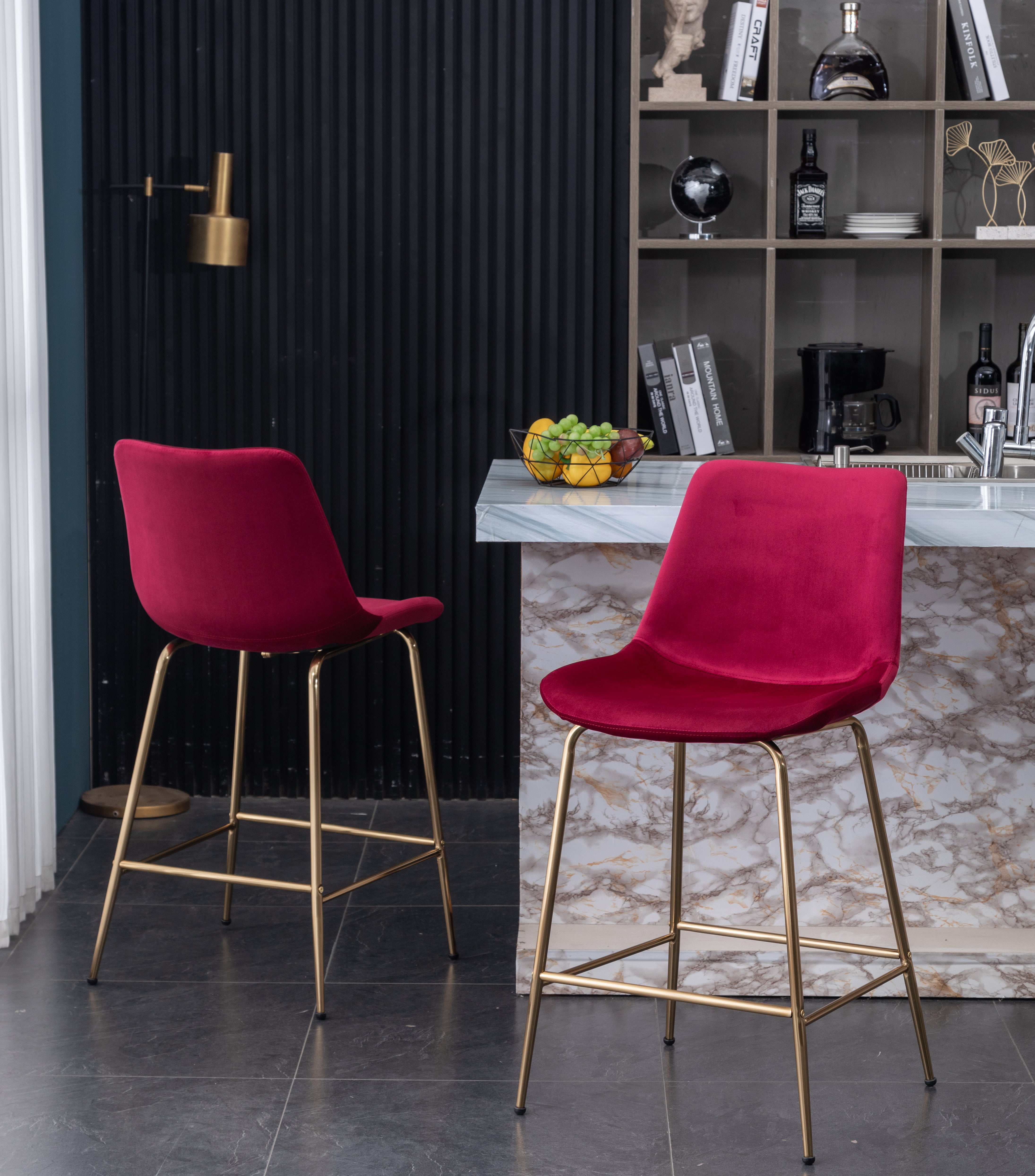 Roundhill Furniture Aufurr Modern Velvet Counter Height Bar Stools - Set of 2, 26.5 Inch Height, Rich Red Velvet Upholstery - Perfect for Kitchen Islands, Breakfast Bars & Home Decor
