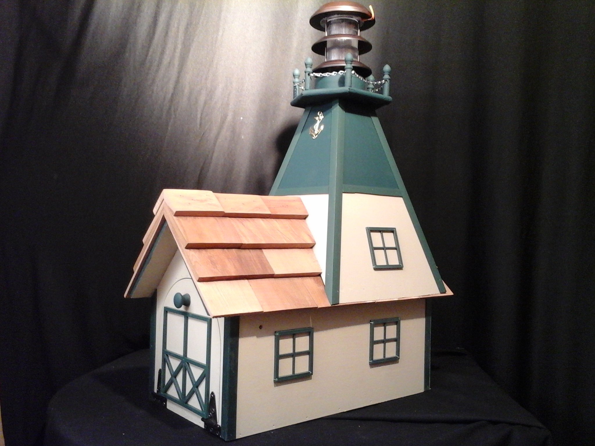 Amish Handcrafted Solar-Powered Nautical Lighthouse Mailbox with Green Trim - Durable Outdoor Mailbox for Farmhouse, Coastal Homes & Rural Properties
