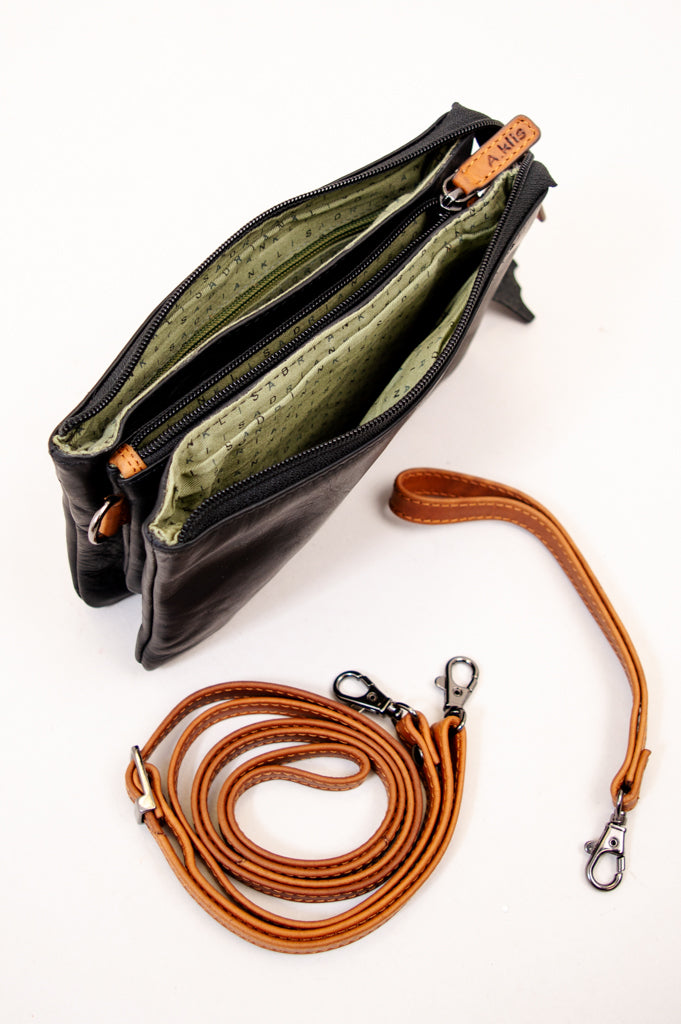 Adrian Klis 1544 Genuine Leather Purse for Women - Black & Tan Crossbody Bag - Stylish & Durable Handbag for Daily Use, Work, and Travel