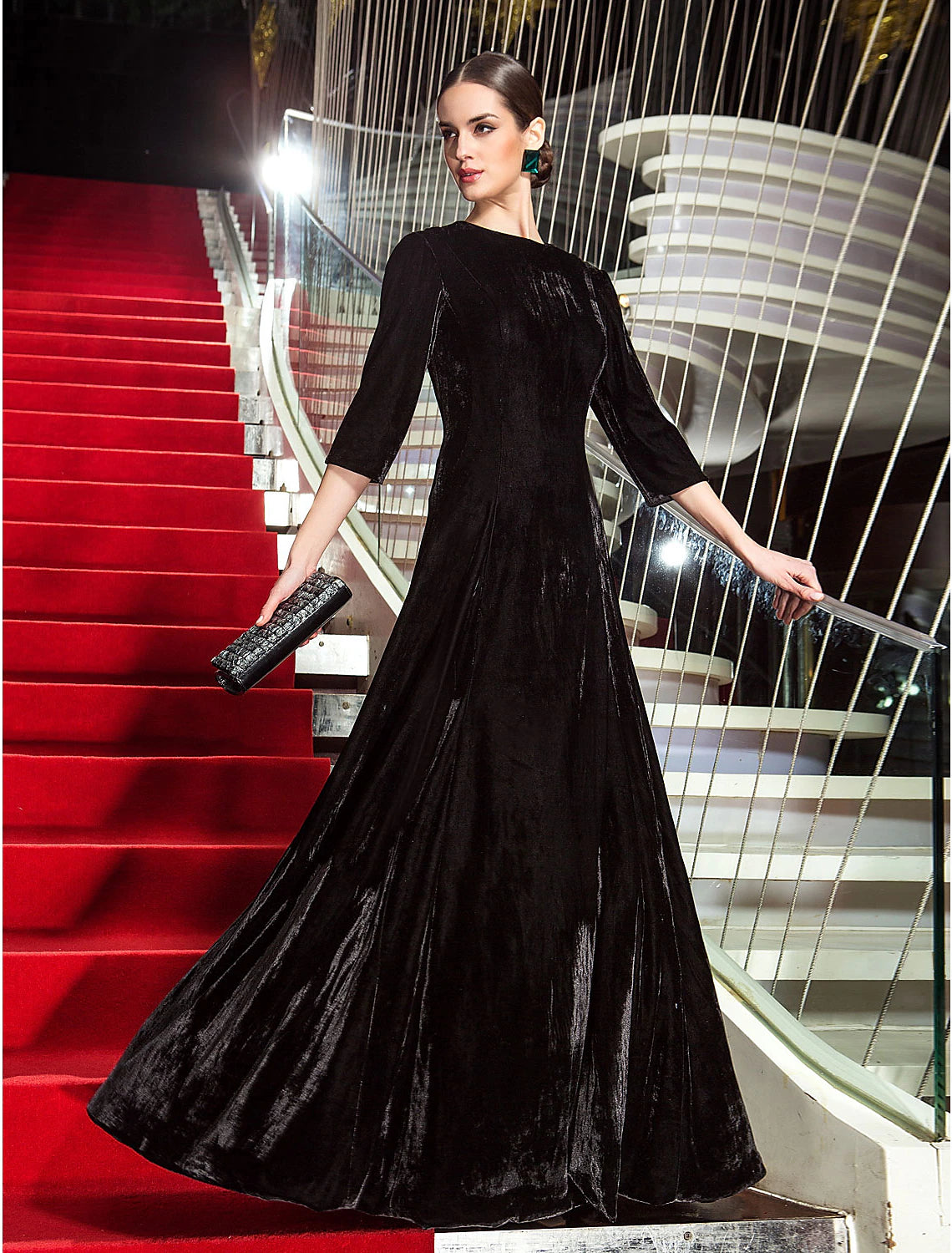 Elegant A-Line Velvet Dress with Pleats - 3/4 Sleeve Jewel Neck Floor Length Gown for Wedding Guest, Party, Cocktail & Formal Occasions