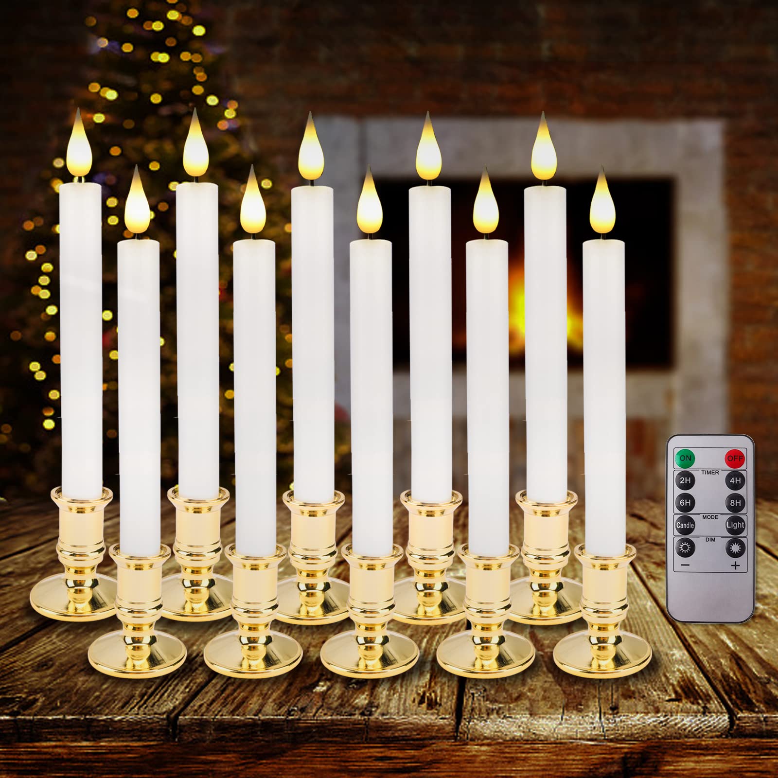 Flameless LED Taper Candles with Remote & Timer - Battery Operated Flickering Window Candles with Removable Gold Holders - Set of 10 for Christmas, Wedding, Home & Dinner Decor - Perfect for Holiday Centerpieces, Romantic Ambiance & Window Displays