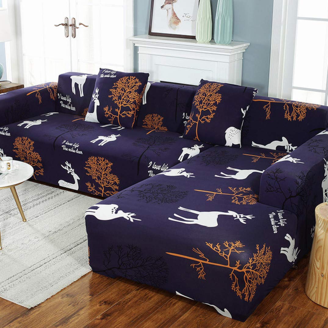 YURASIKU L-Shaped Sofa Cover - Deer Print Elastic Navy Blue Sectional Couch Cover for Home Decor | Fits Corner Couches, Protects Furniture | Perfect for Living Room, Office & Apartment