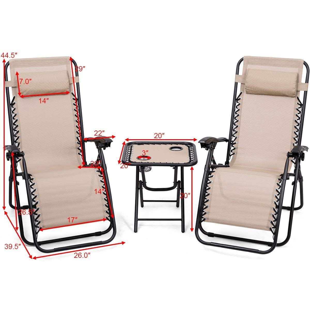 3 PCS Zero Gravity Recliner Lounge Chair Set with Portable Folding Table - Outdoor Patio, Poolside, Garden & Cabin Furniture for Relaxation (Beige) - Perfect for Backyard, Beach Camping & Picnics
