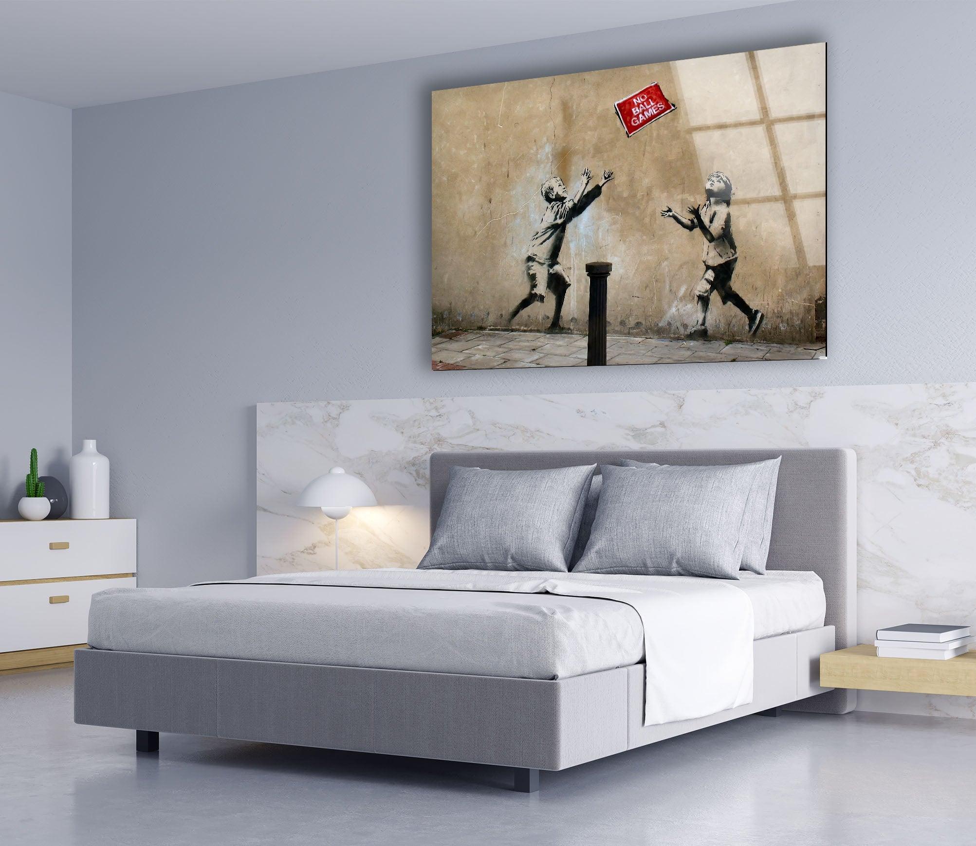 Banksy No Ball Games Glass Wall Art - Stunning Home Decor for Living Room, Office & Gift Ideas