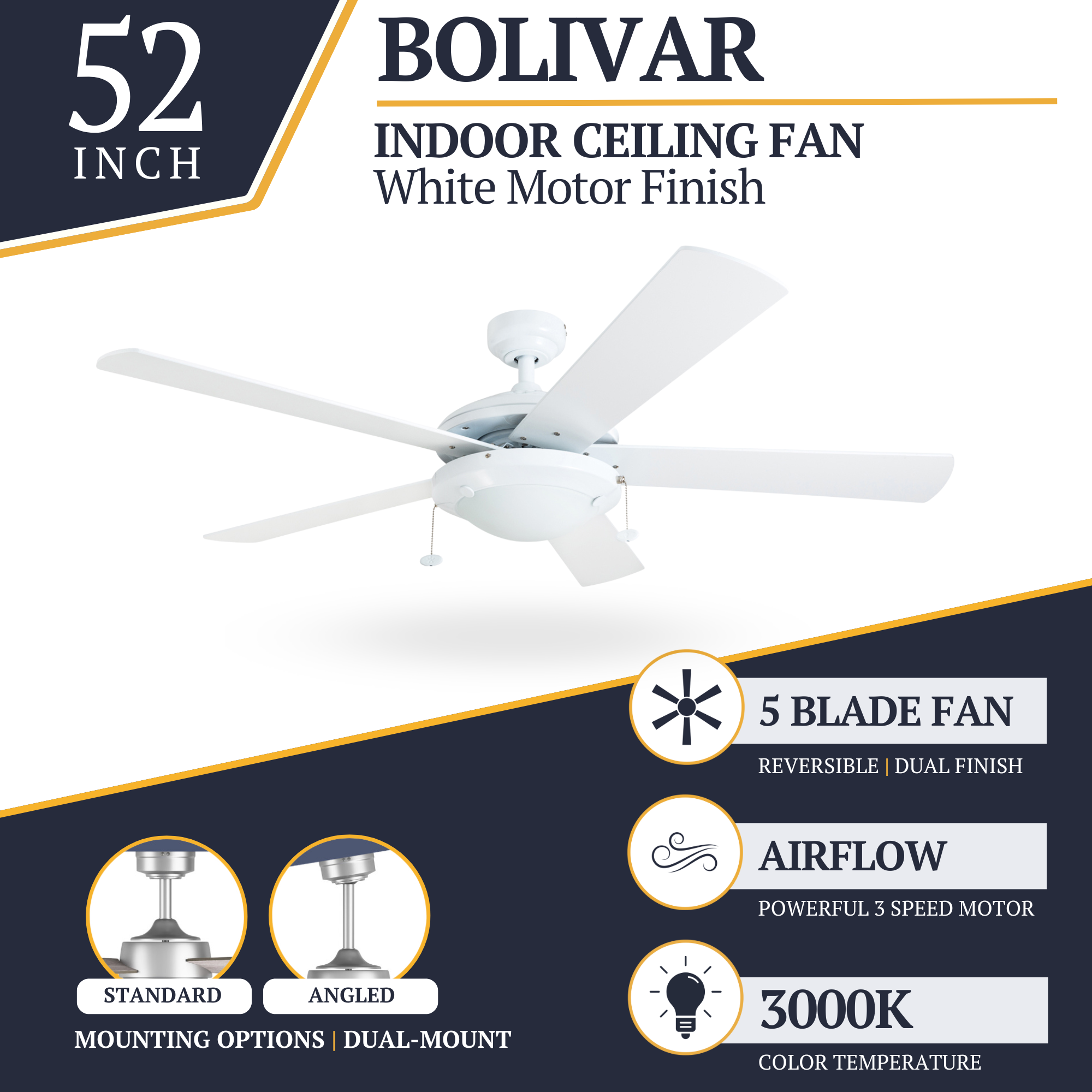 52 Inch White Bolivar Ceiling Fan with Pull Chain - Perfect for Living Room, Bedroom, and Outdoor Spaces